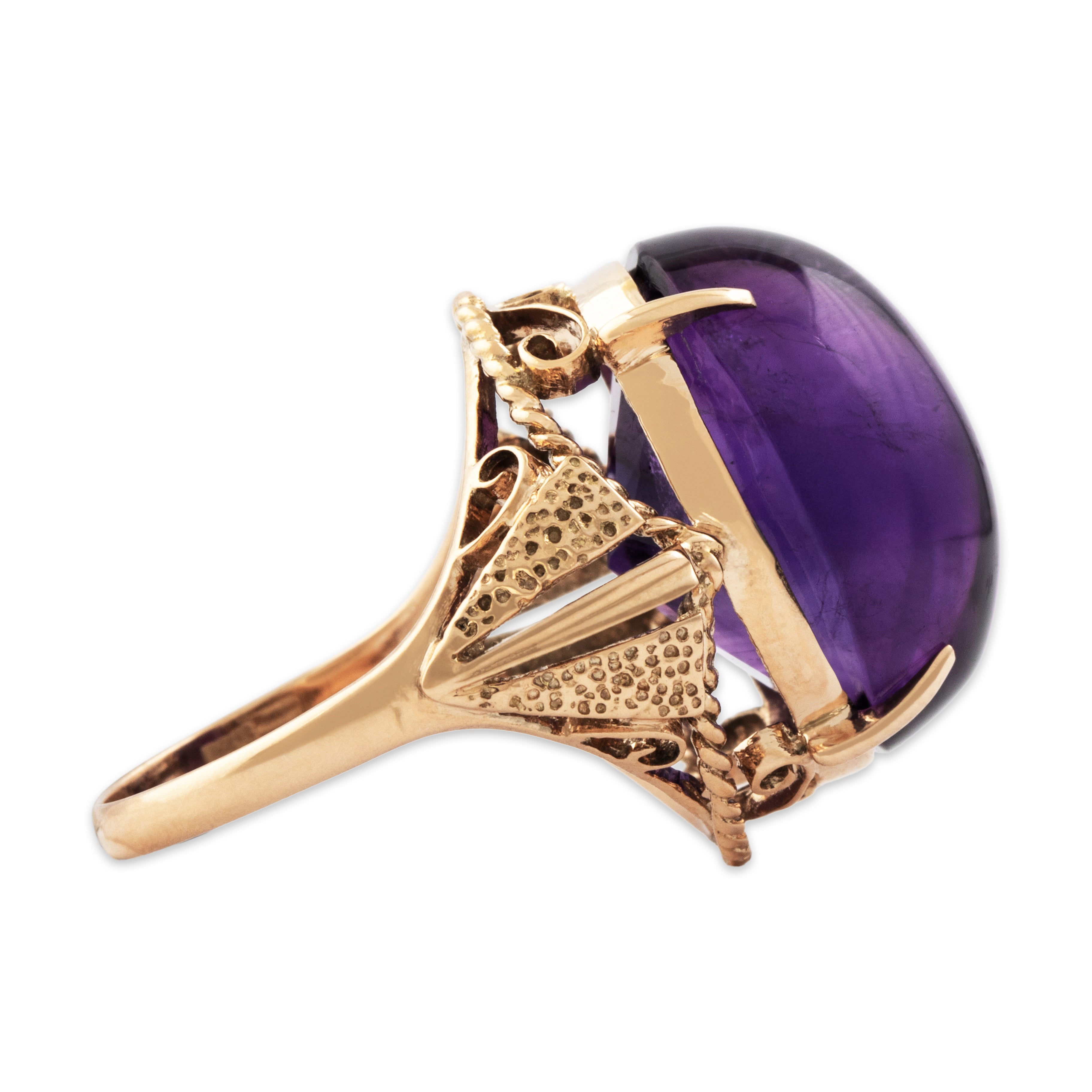 Vintage Large 14k Rosy Yellow Gold 26ct Amethyst Fabulous Cocktail Ring - Side view