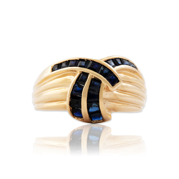 Vintage 14k Yellow Gold Blue Sapphire Glittering Channel-Set Ribbon Ring 5.75