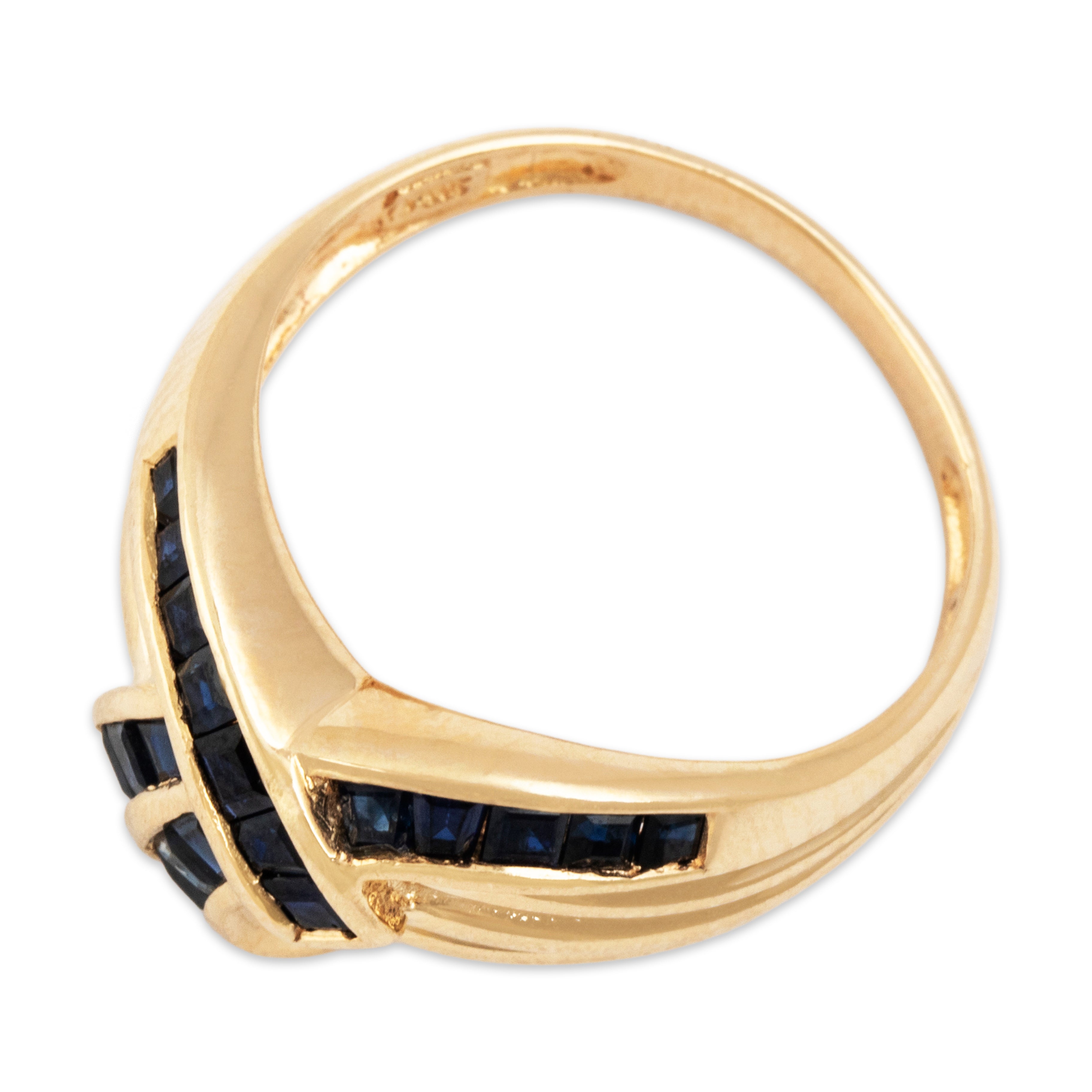 Vintage 14k Yellow Gold Blue Sapphire Glittering Channel-Set Ribbon Ring - Overall view