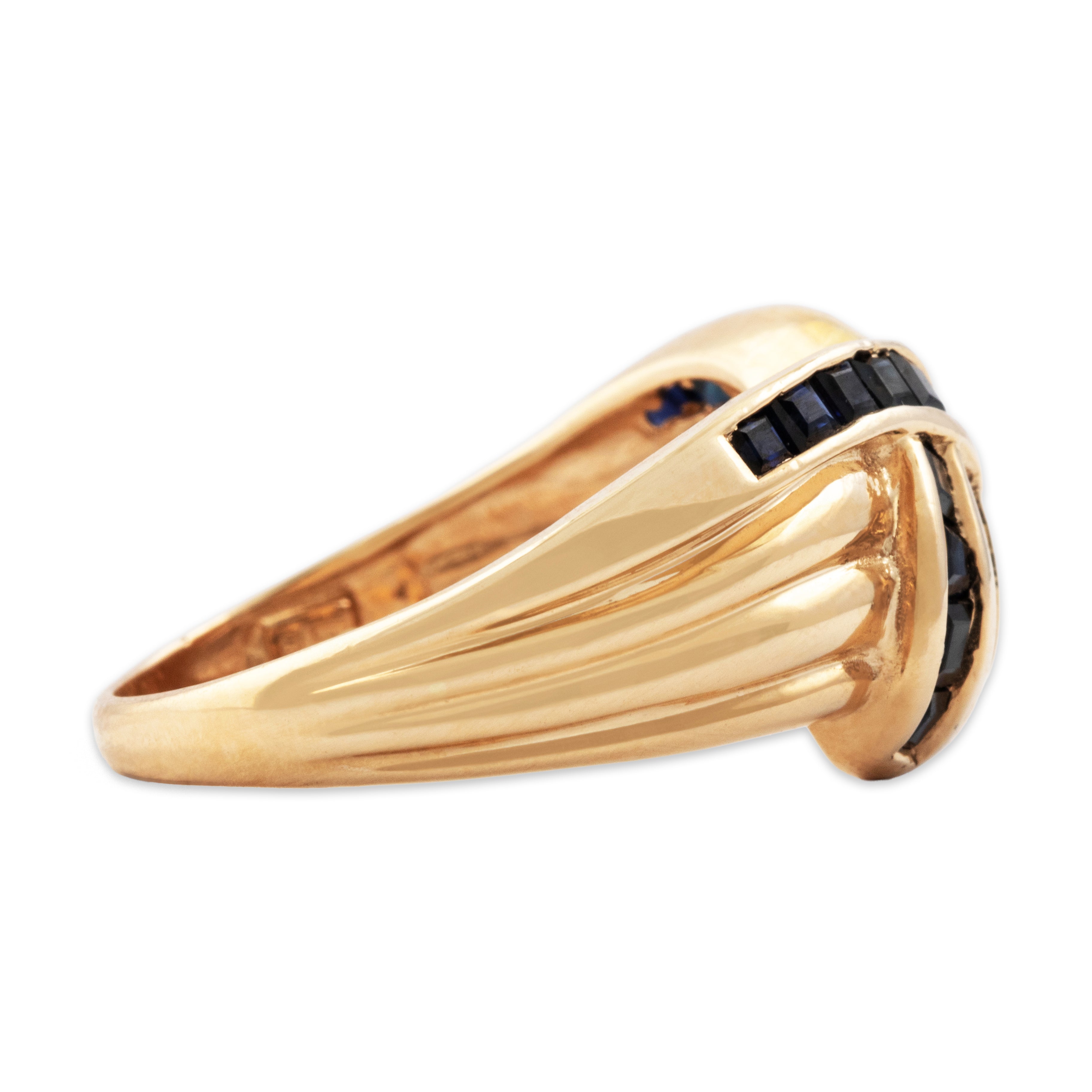 Vintage 14k Yellow Gold Blue Sapphire Glittering Channel-Set Ribbon Ring - Side view