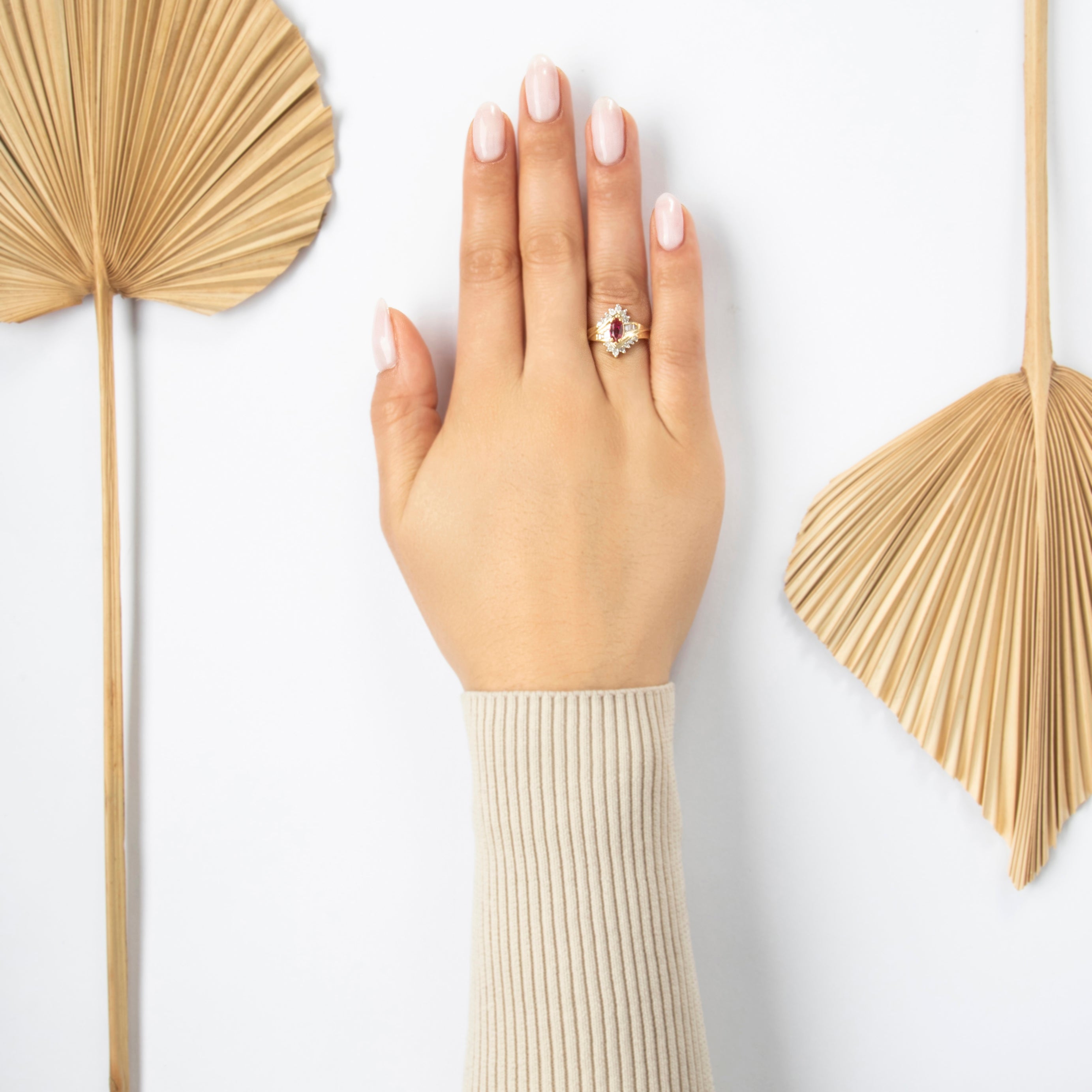 Vintage 10k Yellow Gold Synthetic Ruby Natural Diamond Marquise Ring - On model view