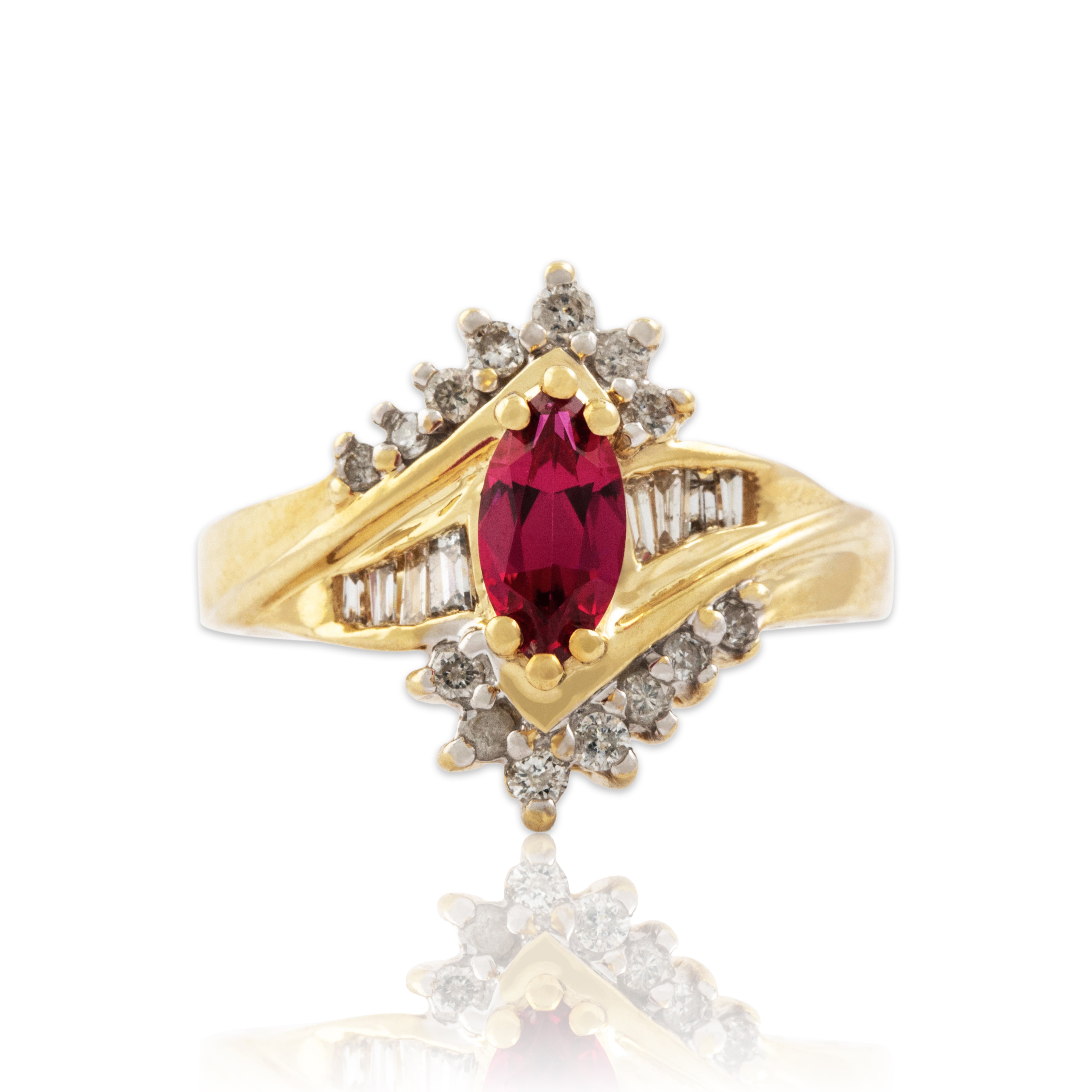 Vintage 10k Yellow Gold Synthetic Ruby Natural Diamond Marquise Ring - Close-up view