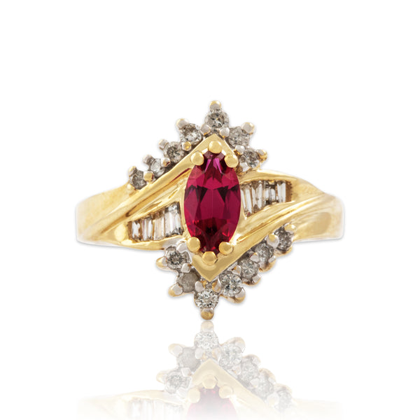Vintage 10k Yellow Gold Synthetic Ruby Natural Diamond Marquise Ring 6.50
