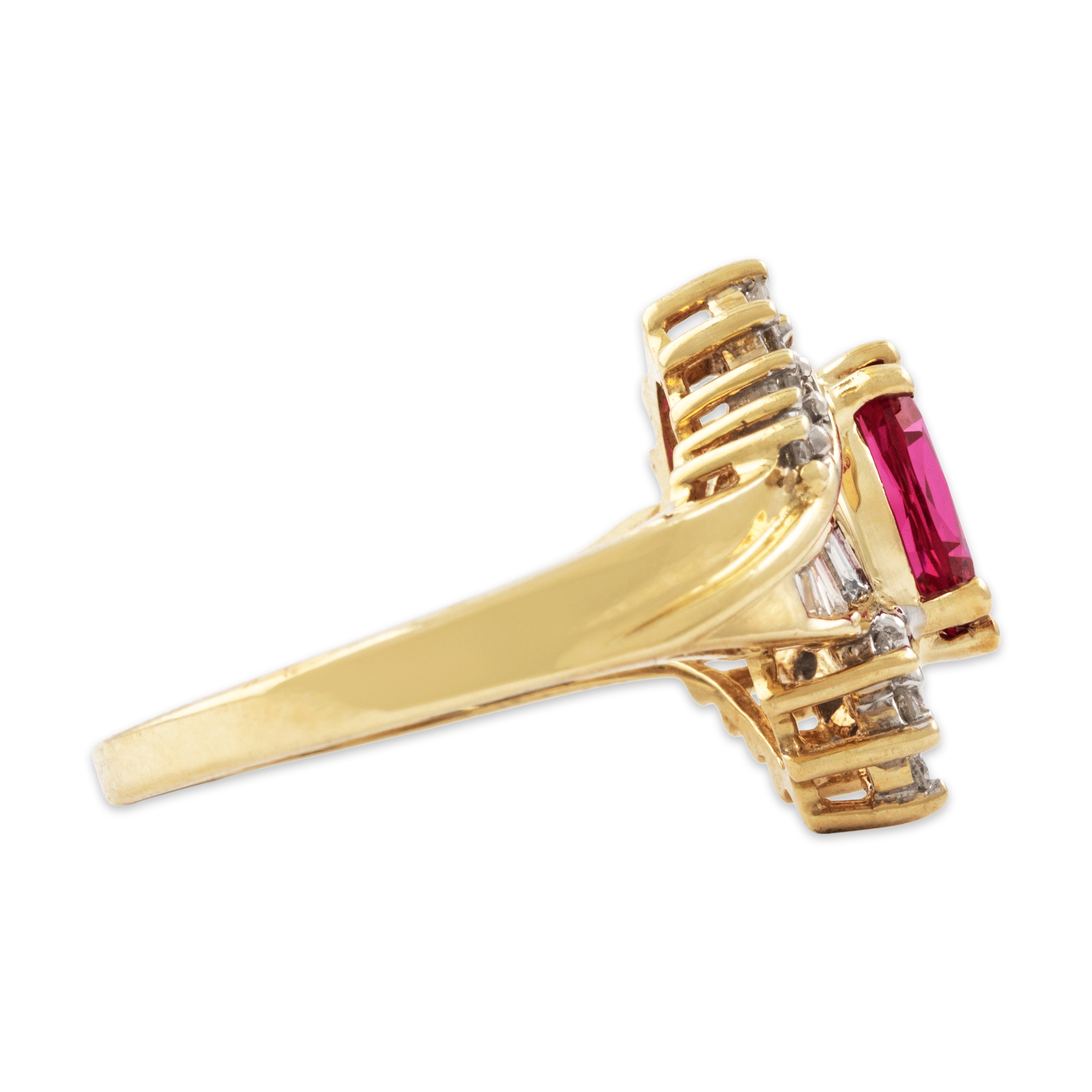 Vintage 10k Yellow Gold Synthetic Ruby Natural Diamond Marquise Ring - Side view
