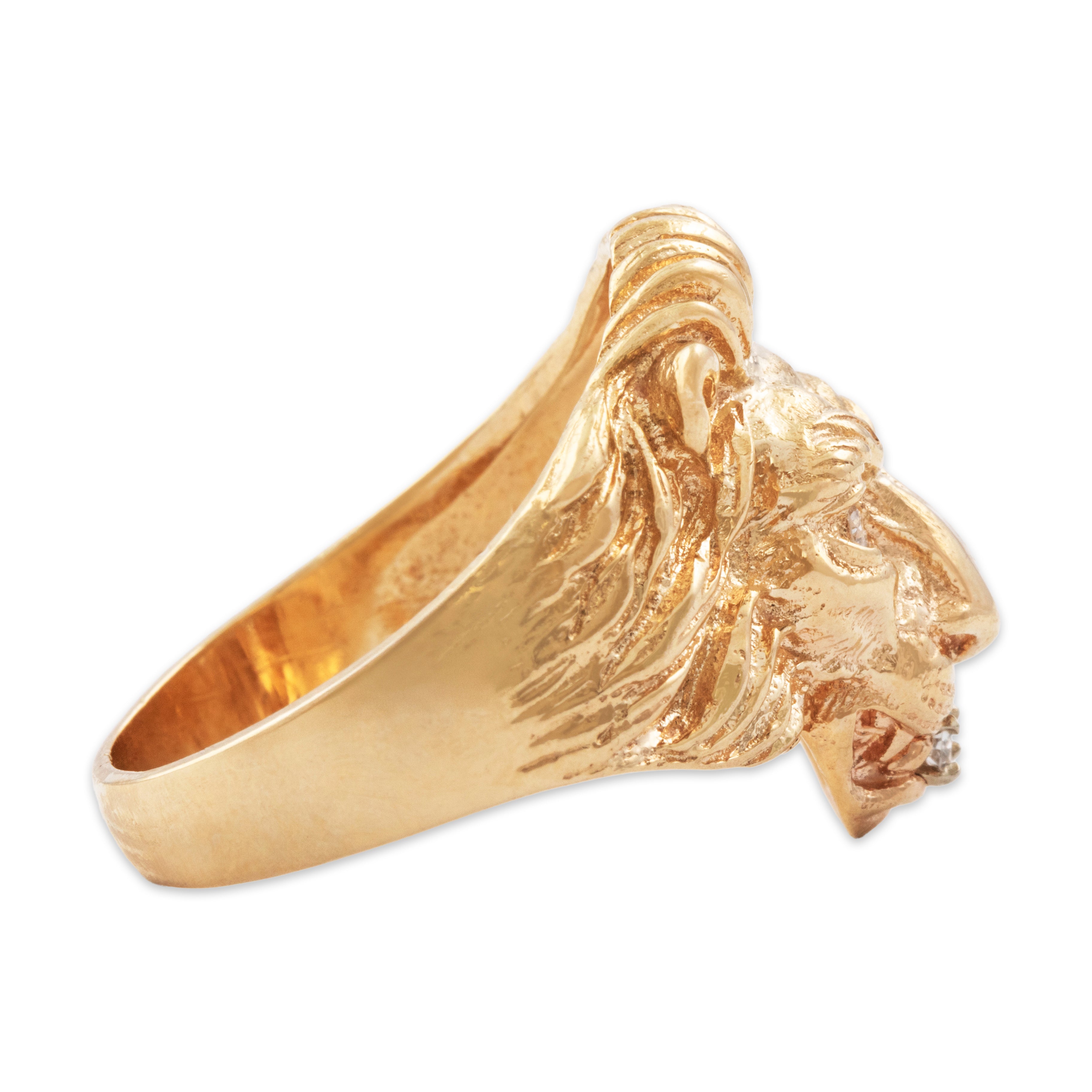 Vintage 14k Yellow Gold Diamond Magnificent Lion Head Ring - Side view