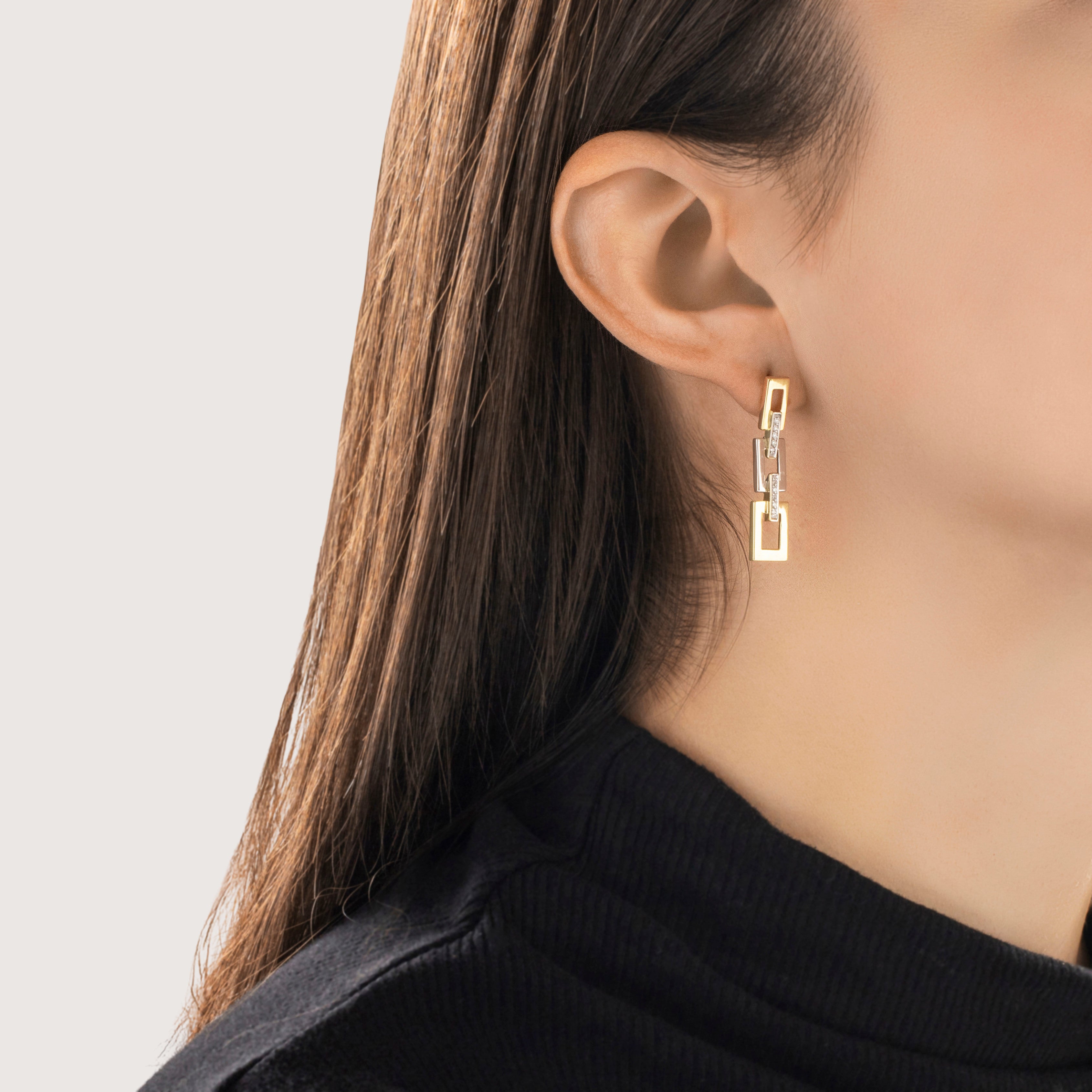 Vintage 14k Yellow & White Gold Diamond Rectangle Link Dangle Earrings - On model view