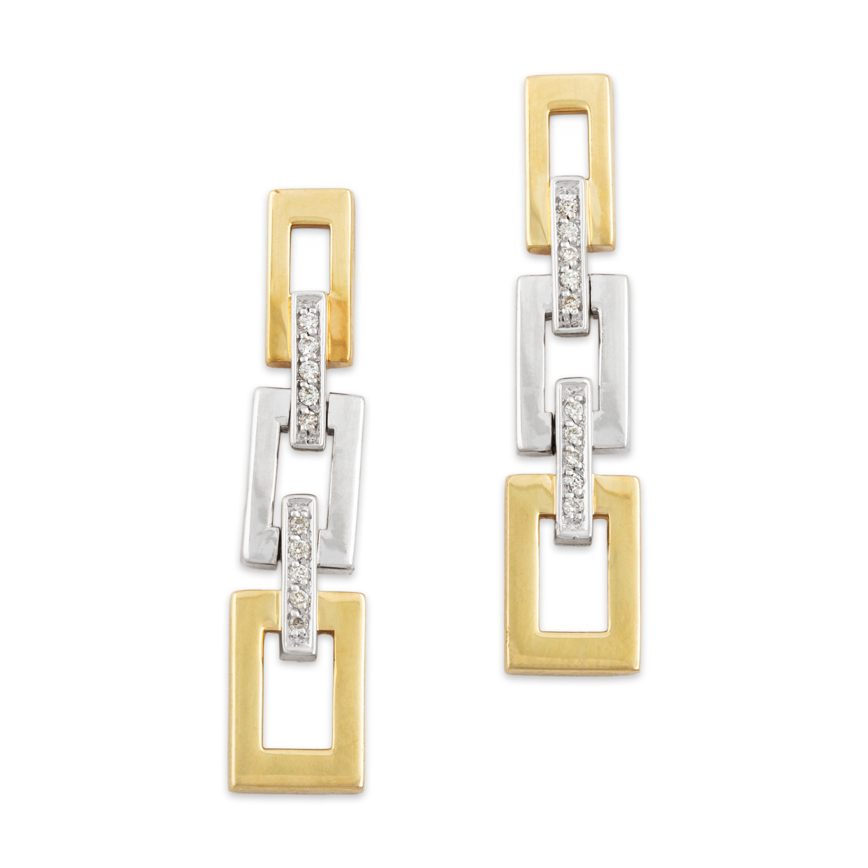 Vintage 14k Yellow & White Gold Diamond Rectangle Link Dangle Earrings
