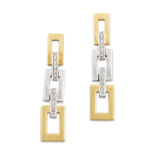 Vintage 14k Yellow & White Gold Diamond Rectangle Link Dangle Earrings