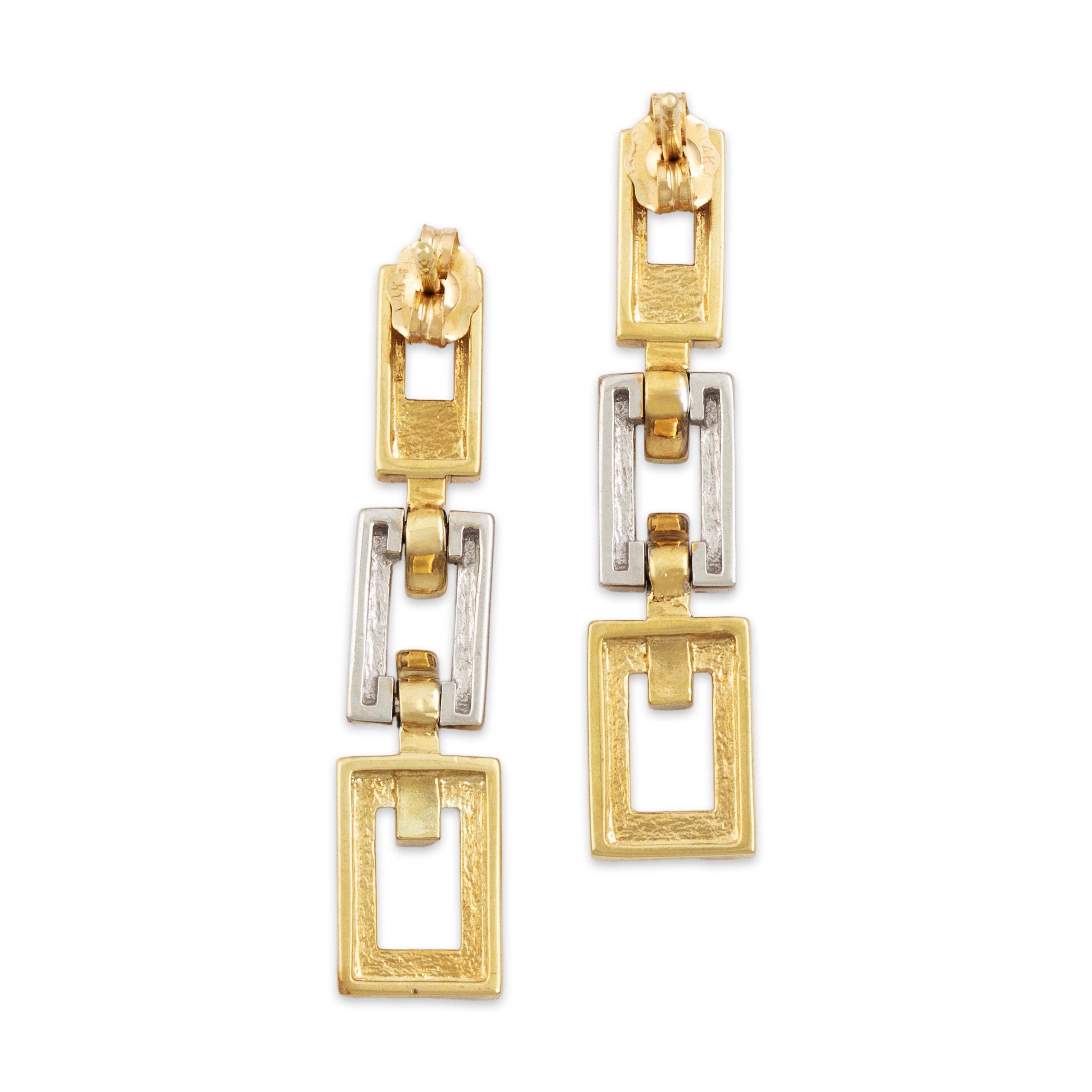Vintage 14k Yellow & White Gold Diamond Rectangle Link Dangle Earrings - Back view