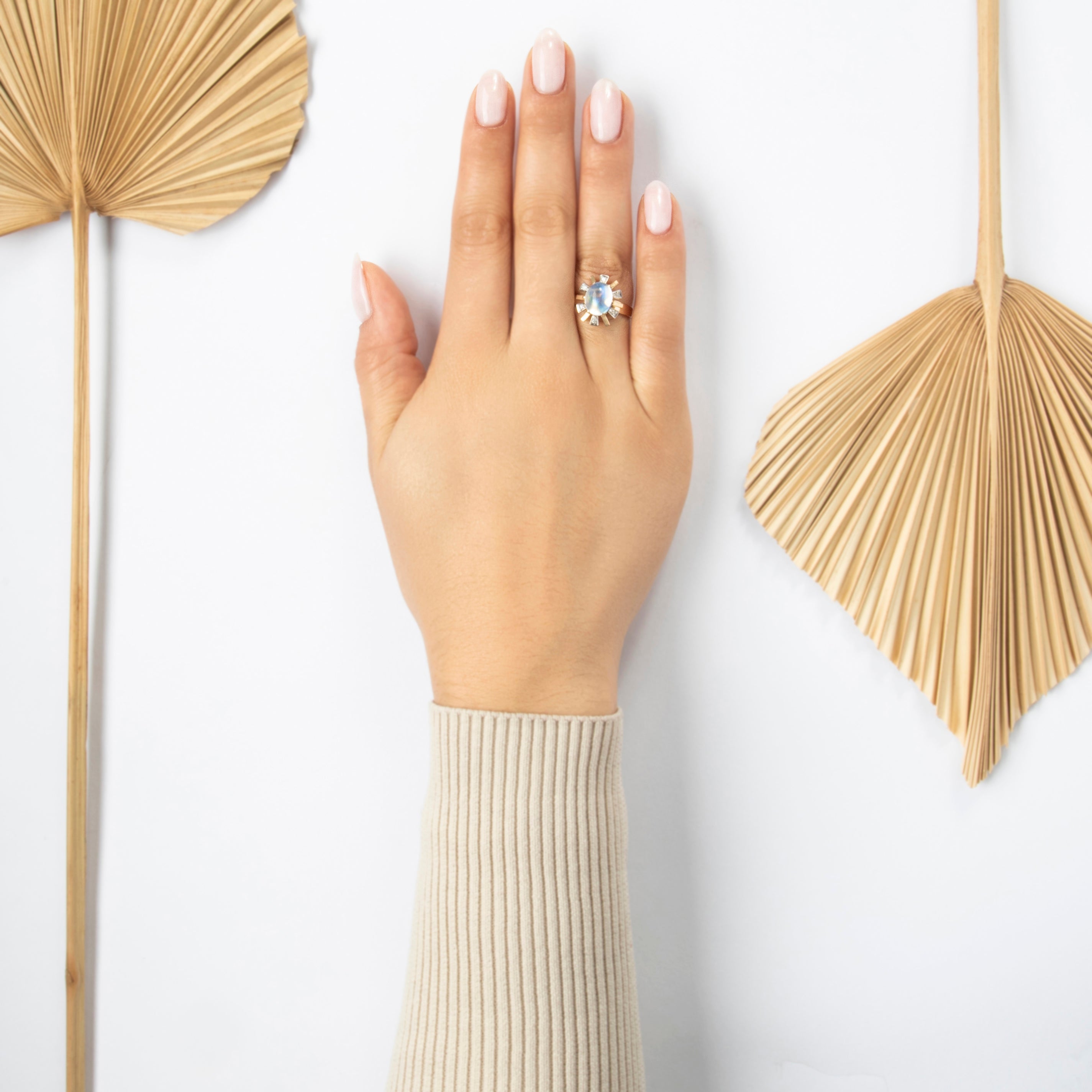 Vintage 14k Yellow & White Gold 2.7ct Moonstone Diamond Glowing Fan Ring - On model view