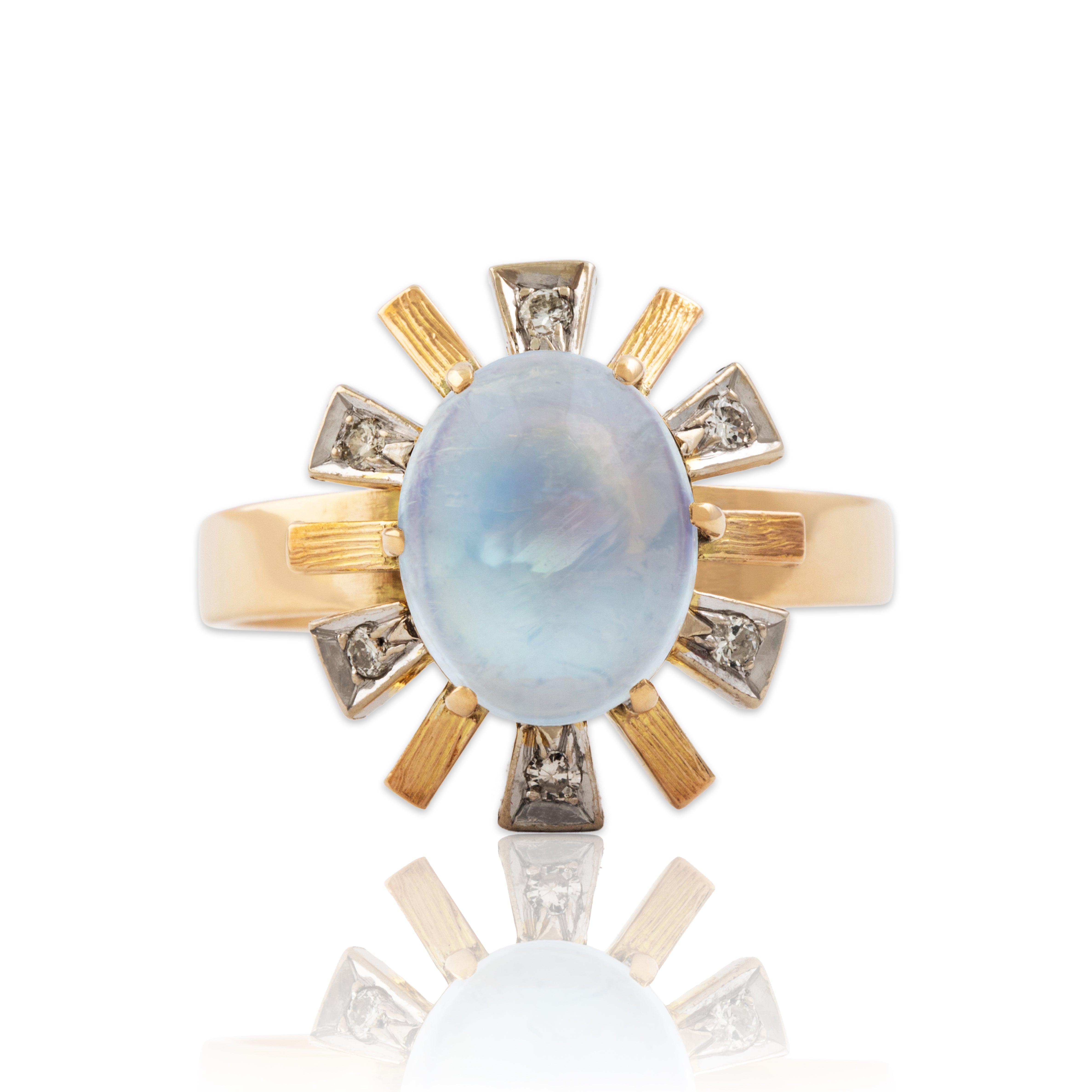 Vintage 14k Yellow & White Gold 2.7ct Moonstone Diamond Glowing Fan Ring - Close-up view
