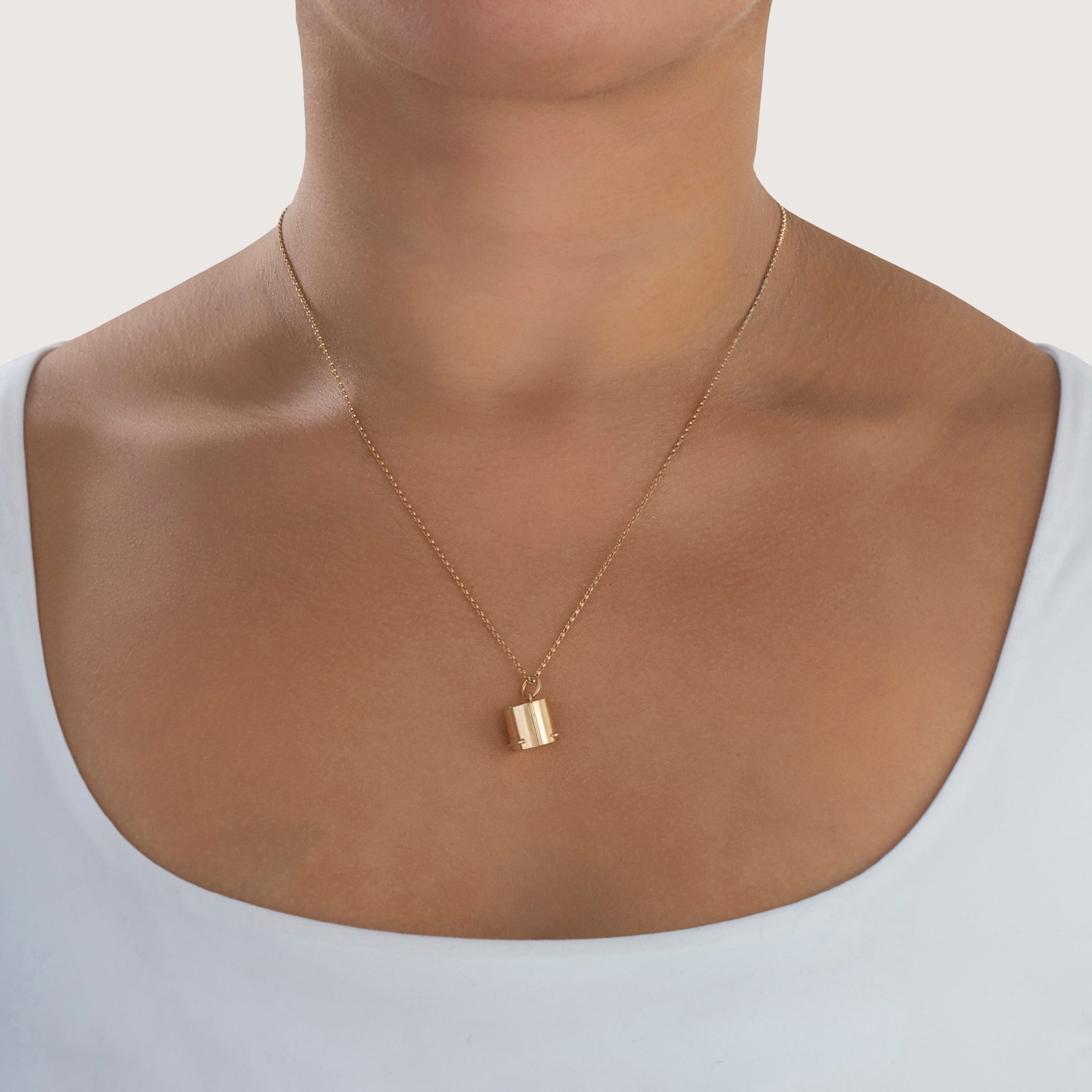 Vintage 14k Yellow Gold Wonder Bar Articulated Bottle Shelf Charm / Pendant - On model view