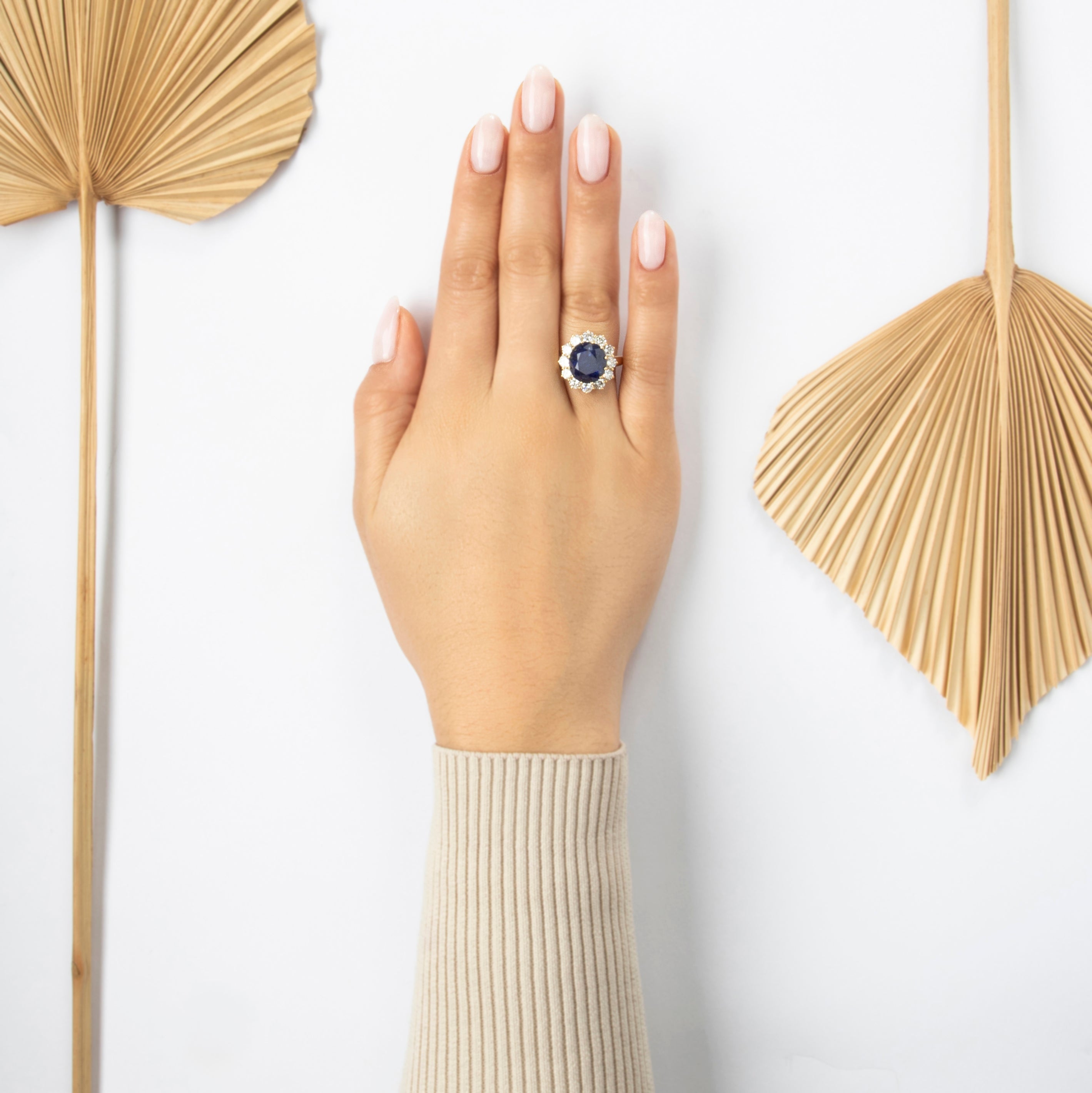 Vintage 18k Yellow Gold 10.15ct Blue Ceylon GIA Sapphire 2cttw Diamond Ring - On model view