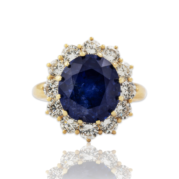 Vintage 18k Yellow Gold 10.15ct GIA Blue Ceylon Sapphire 2cttw Diamond Ring