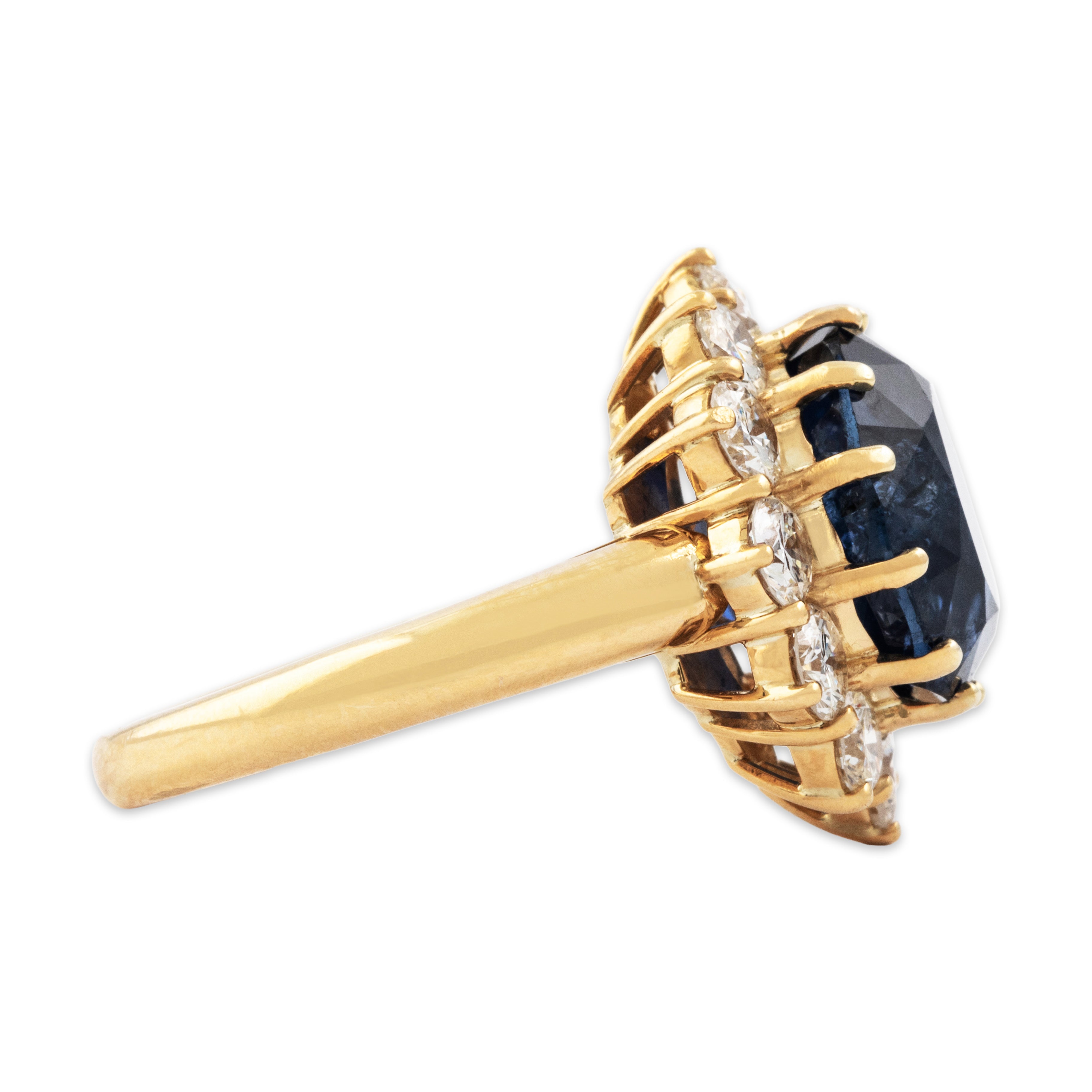 Vintage 18k Yellow Gold 10.15ct Blue Ceylon GIA Sapphire 2cttw Diamond Ring - Side view