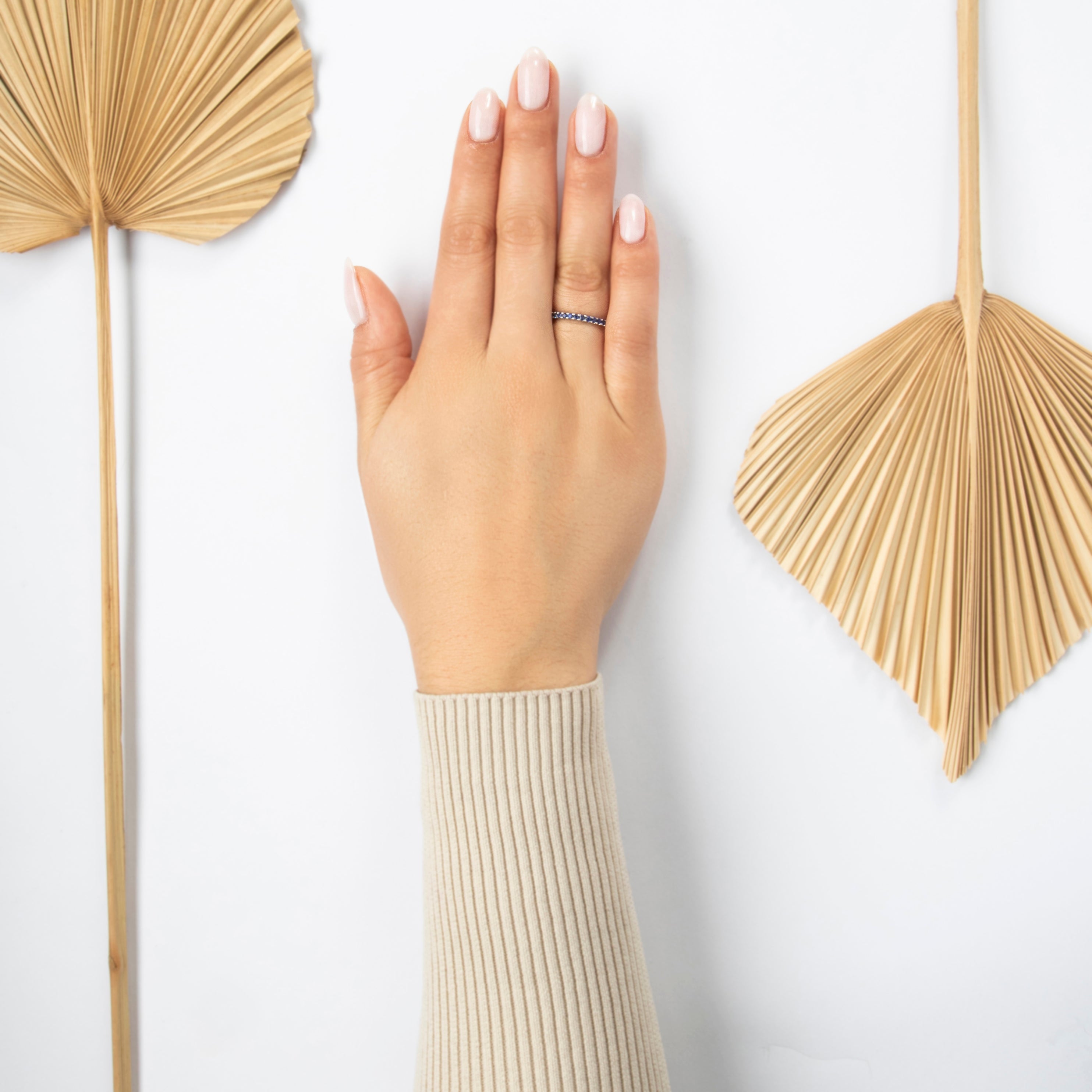 Estate Platinum Blue Sapphire Bright Cobalt Eternity Band Ring - On model view