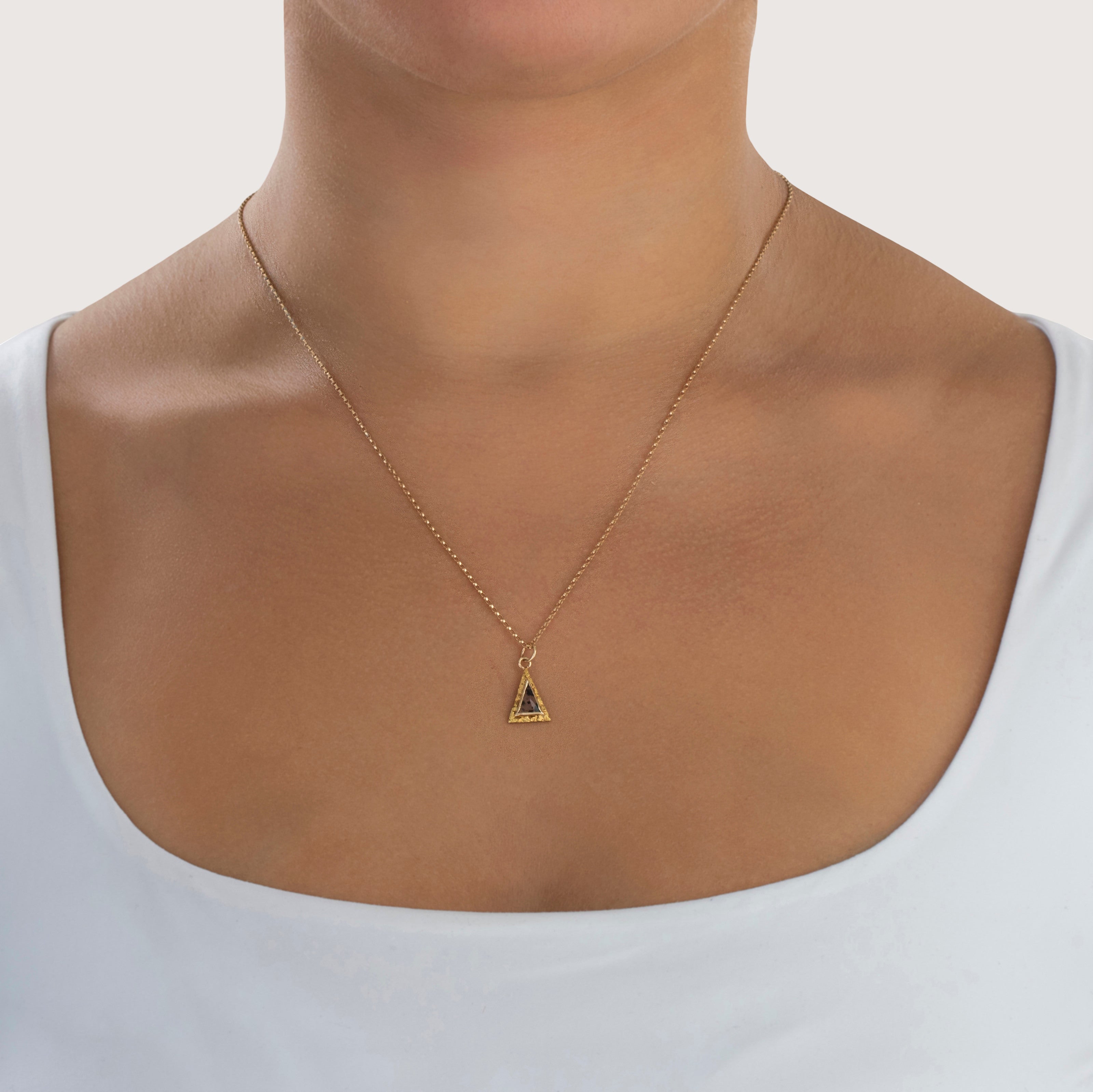 Antique 14k Yellow Gold Moss Agate Triangular Gold Nugget Charm / Pendant - On model view