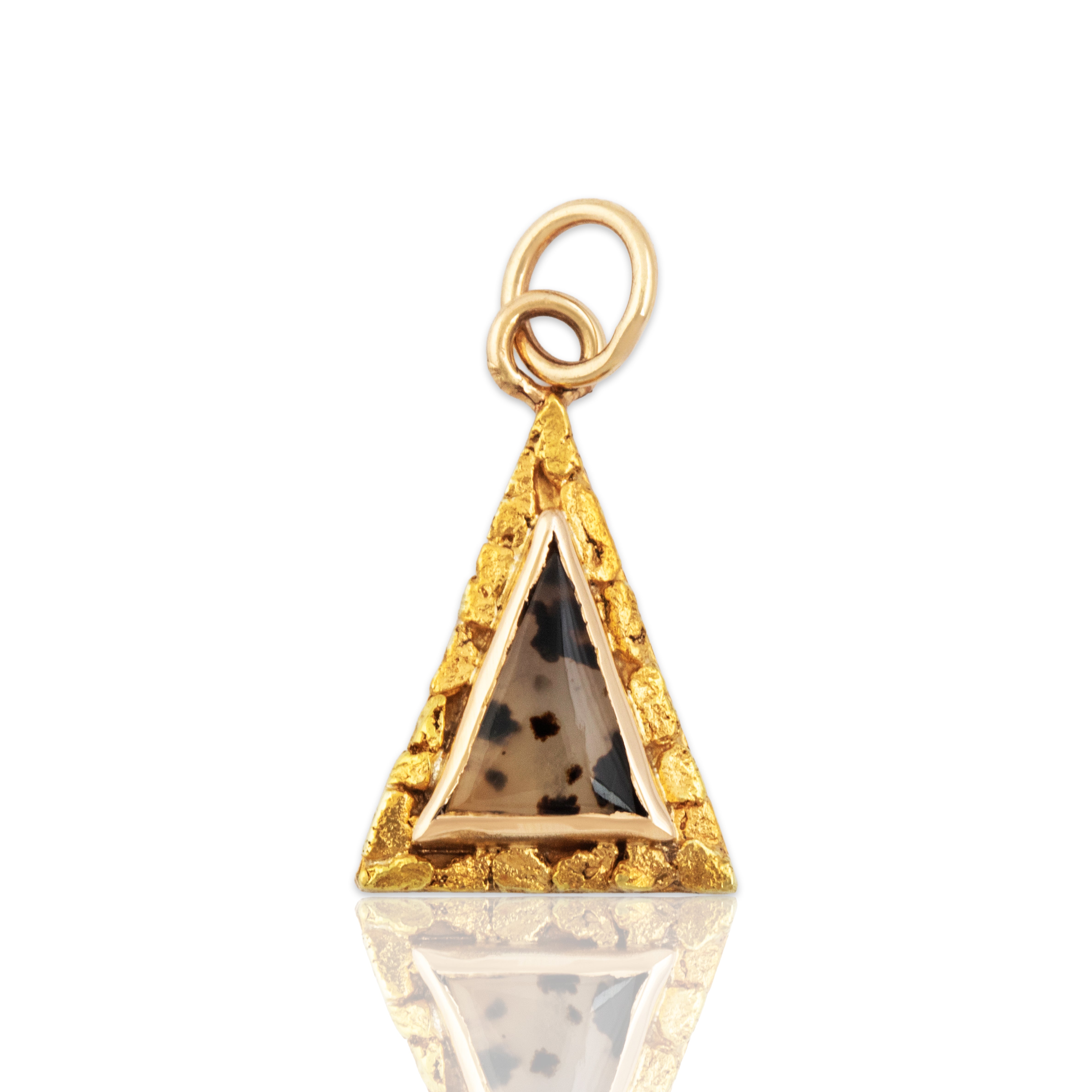 Antique 14k Yellow Gold Moss Agate Triangular Gold Nugget Charm / Pendant - Close-up view