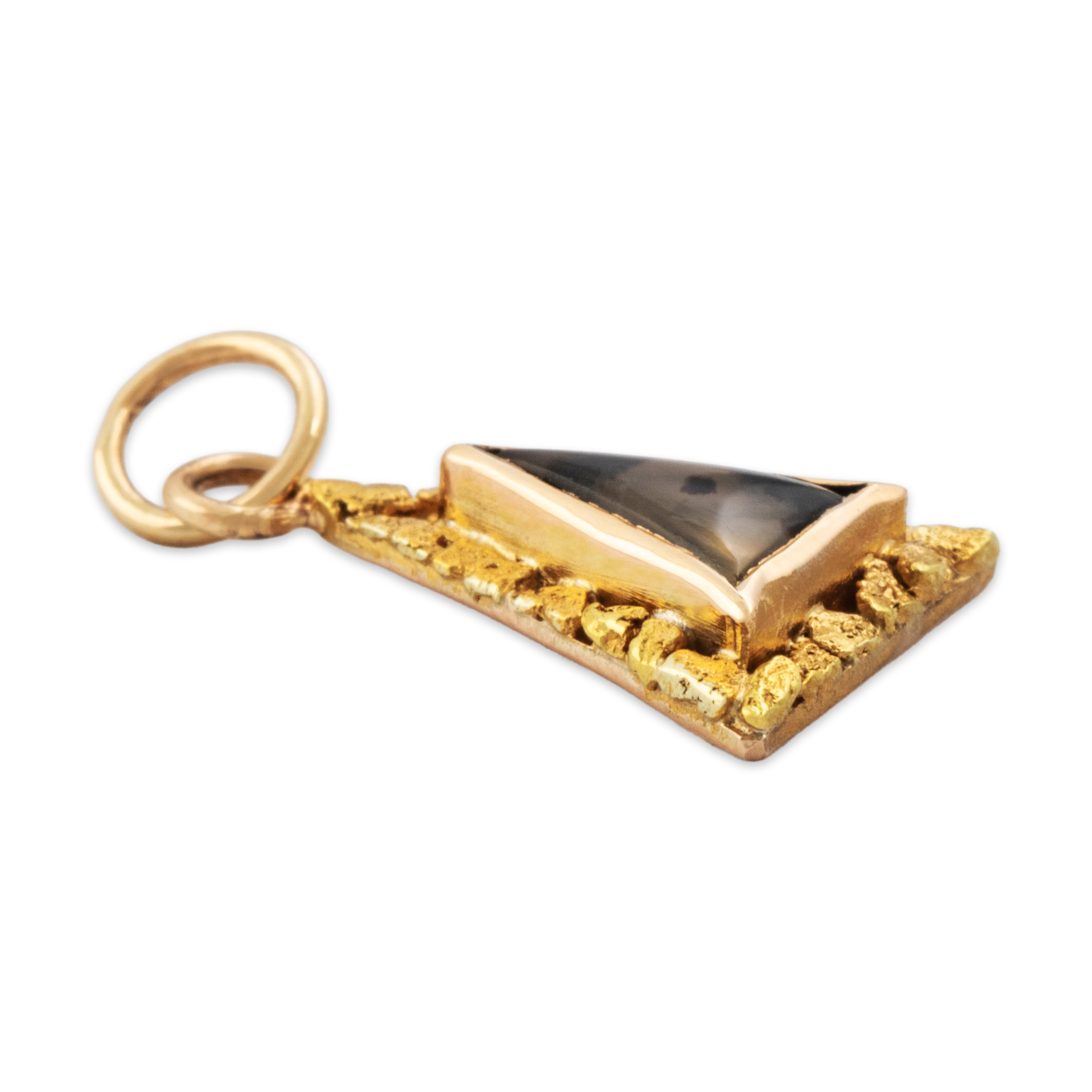 Antique 14k Yellow Gold Moss Agate Triangular Gold Nugget Charm / Pendant - Side view
