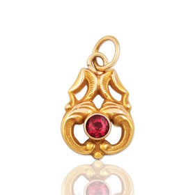 Antique 14k Yellow Gold Pink Glass Satin Flourish Charm / Pendant