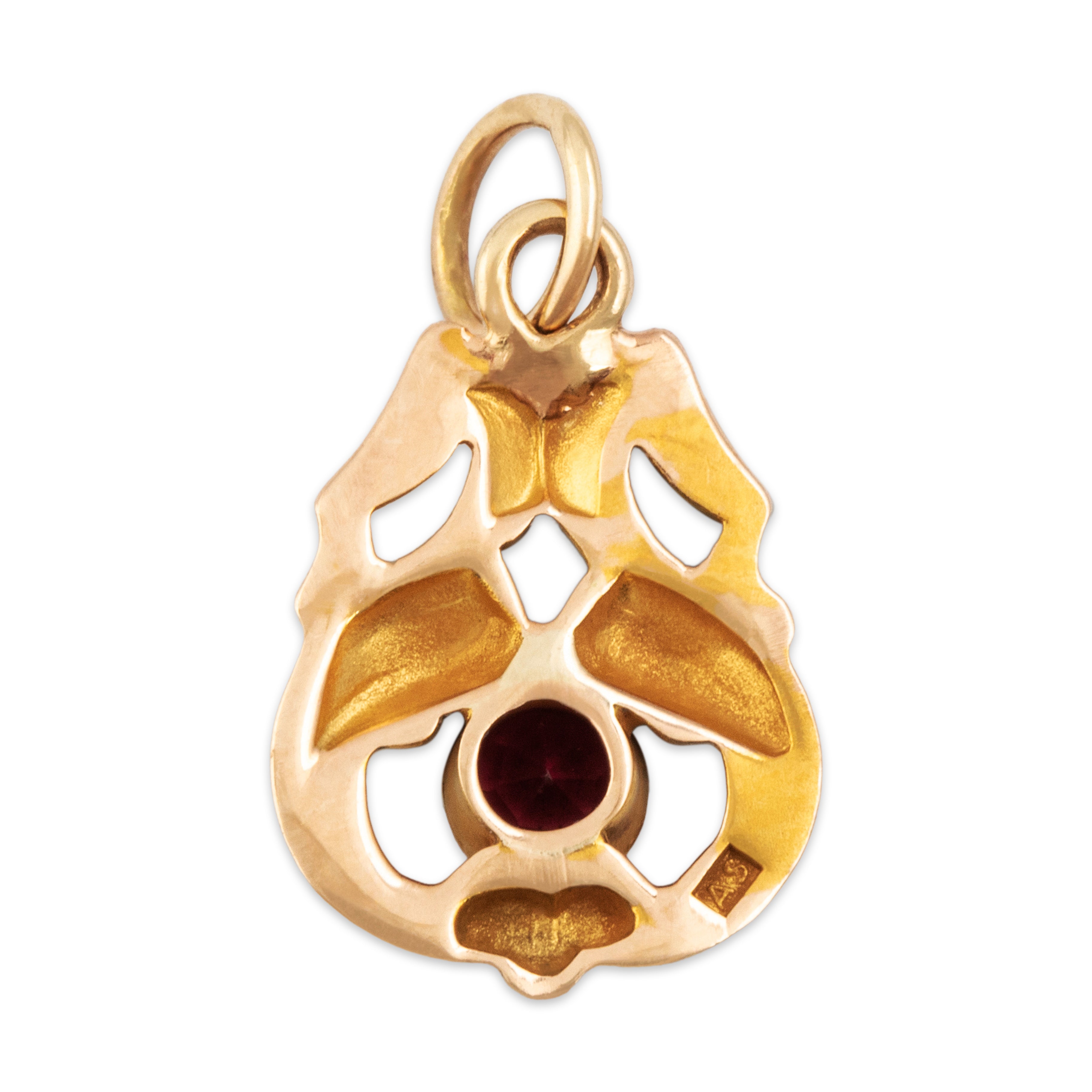 Antique 14k Yellow Gold Pink Glass Satin Flourish Charm / Pendant - Back view