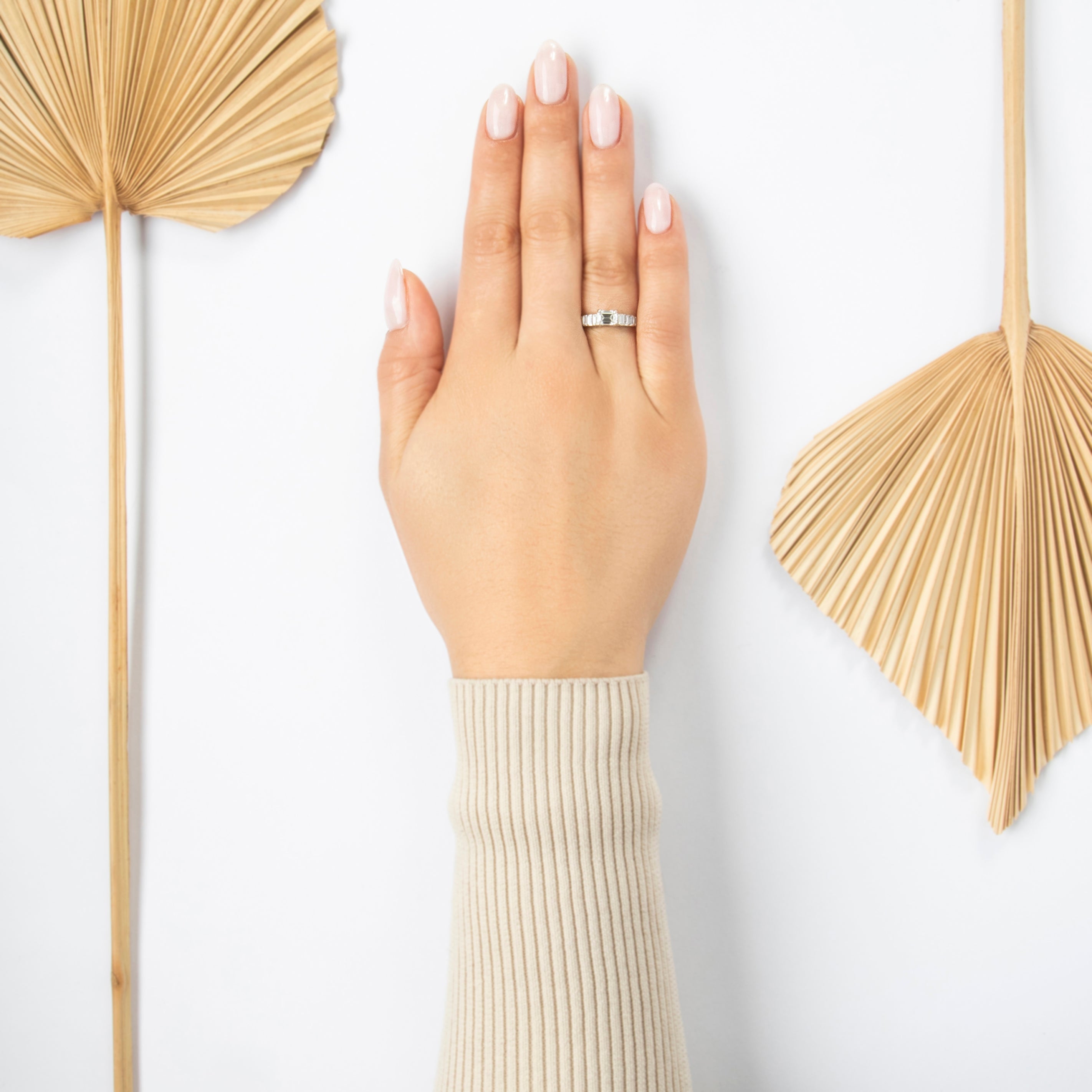 Vintage 14k White Gold 1cttw Diamond GIA East-West Emerald-Cut Ring - On model view