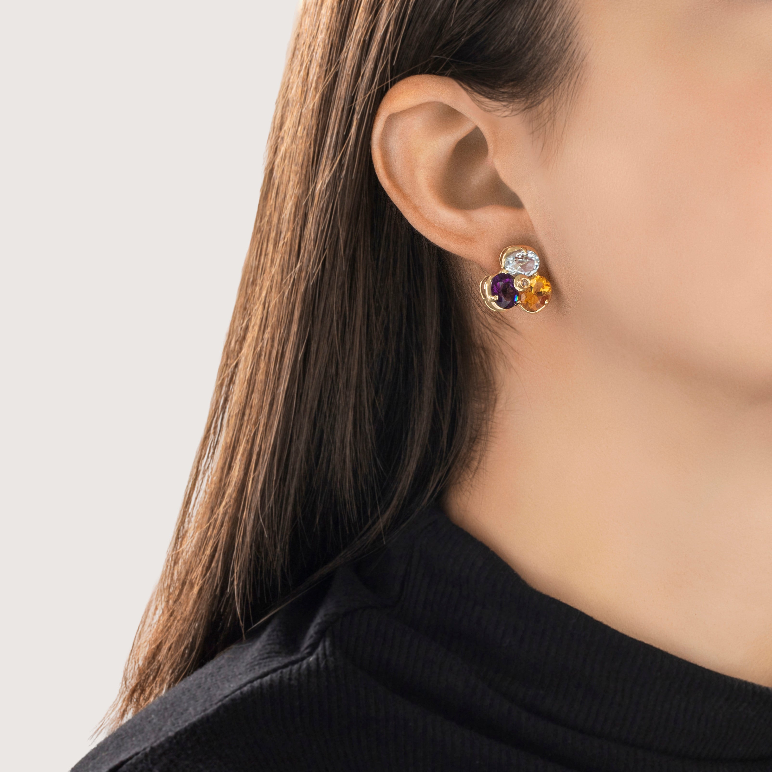 Vintage Large 14k Yellow Gold Topaz Citrine Amethyst Diamond Stud Earrings - On model view