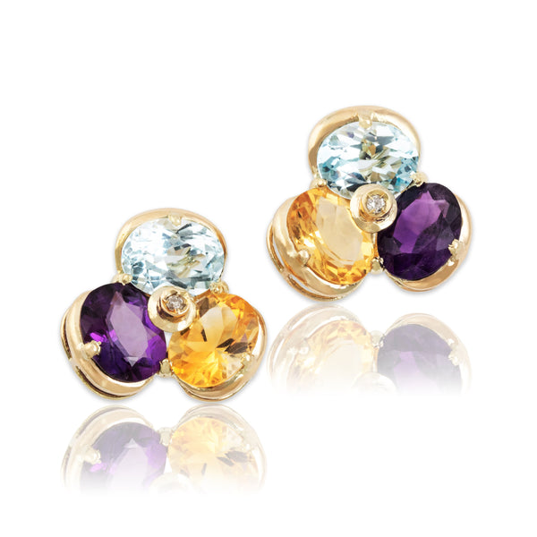 Vintage Large 14k Yellow Gold Topaz Citrine Amethyst Diamond Stud Earrings