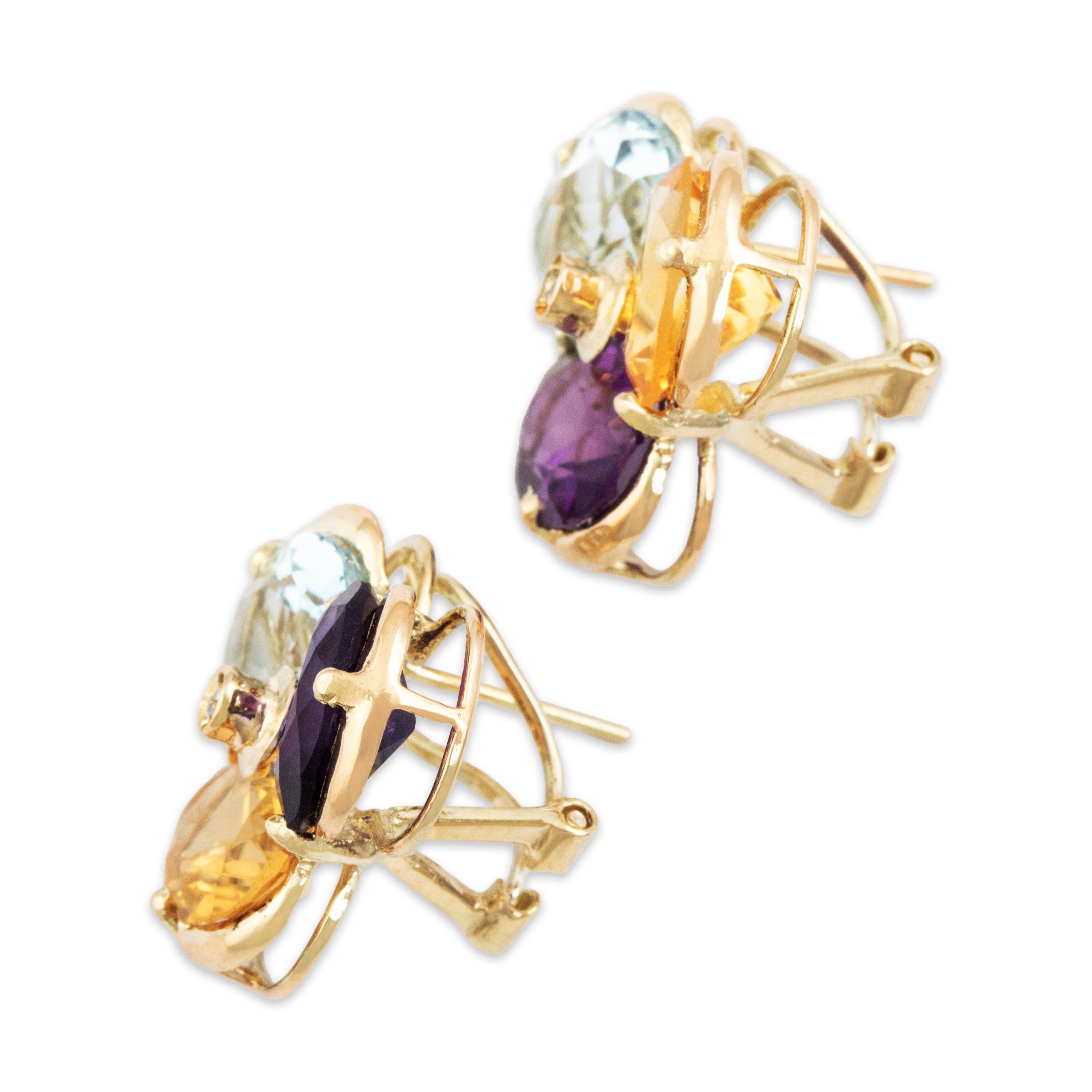 Vintage Large 14k Yellow Gold Topaz Citrine Amethyst Diamond Stud Earrings - Side view