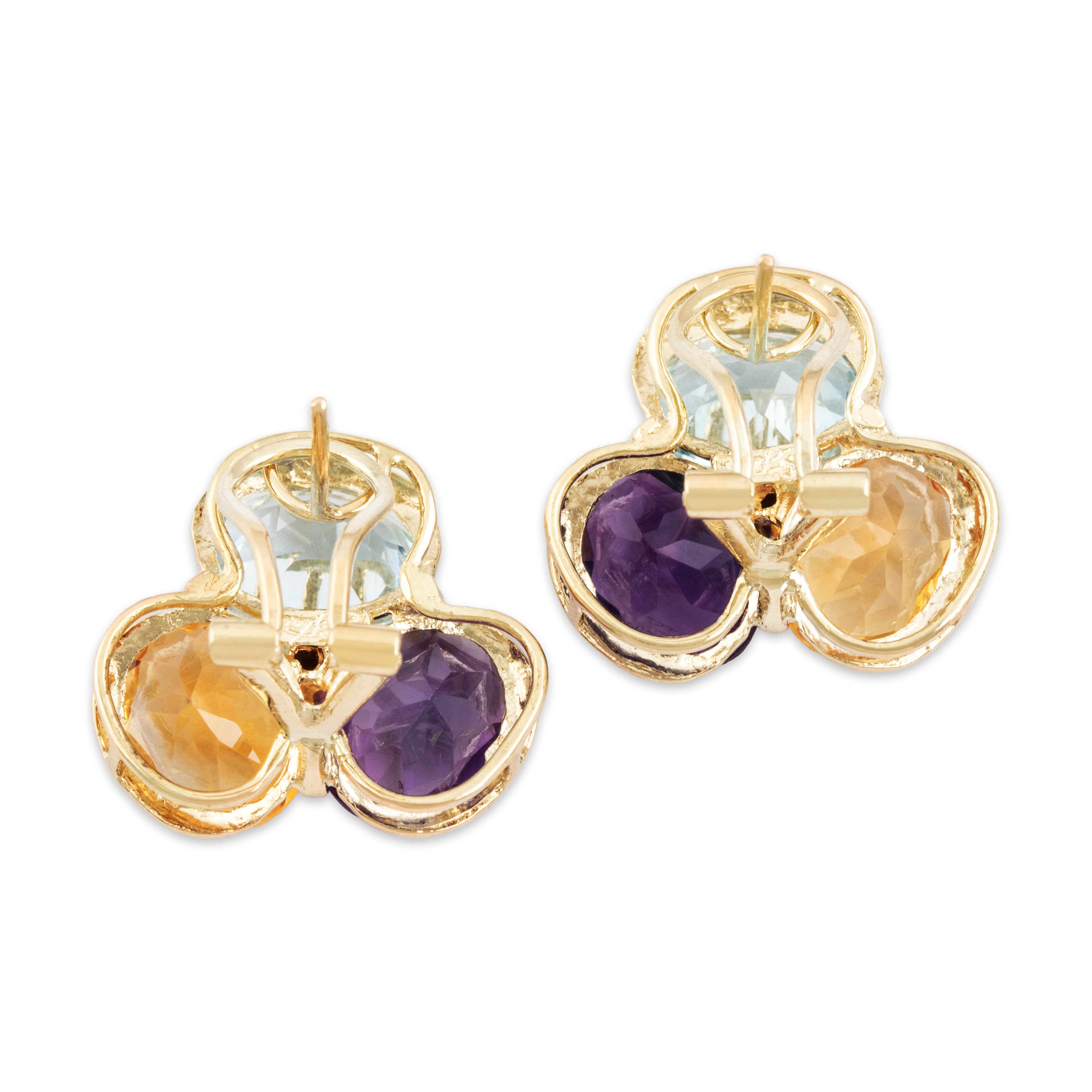 Vintage Large 14k Yellow Gold Topaz Citrine Amethyst Diamond Stud Earrings - Back view