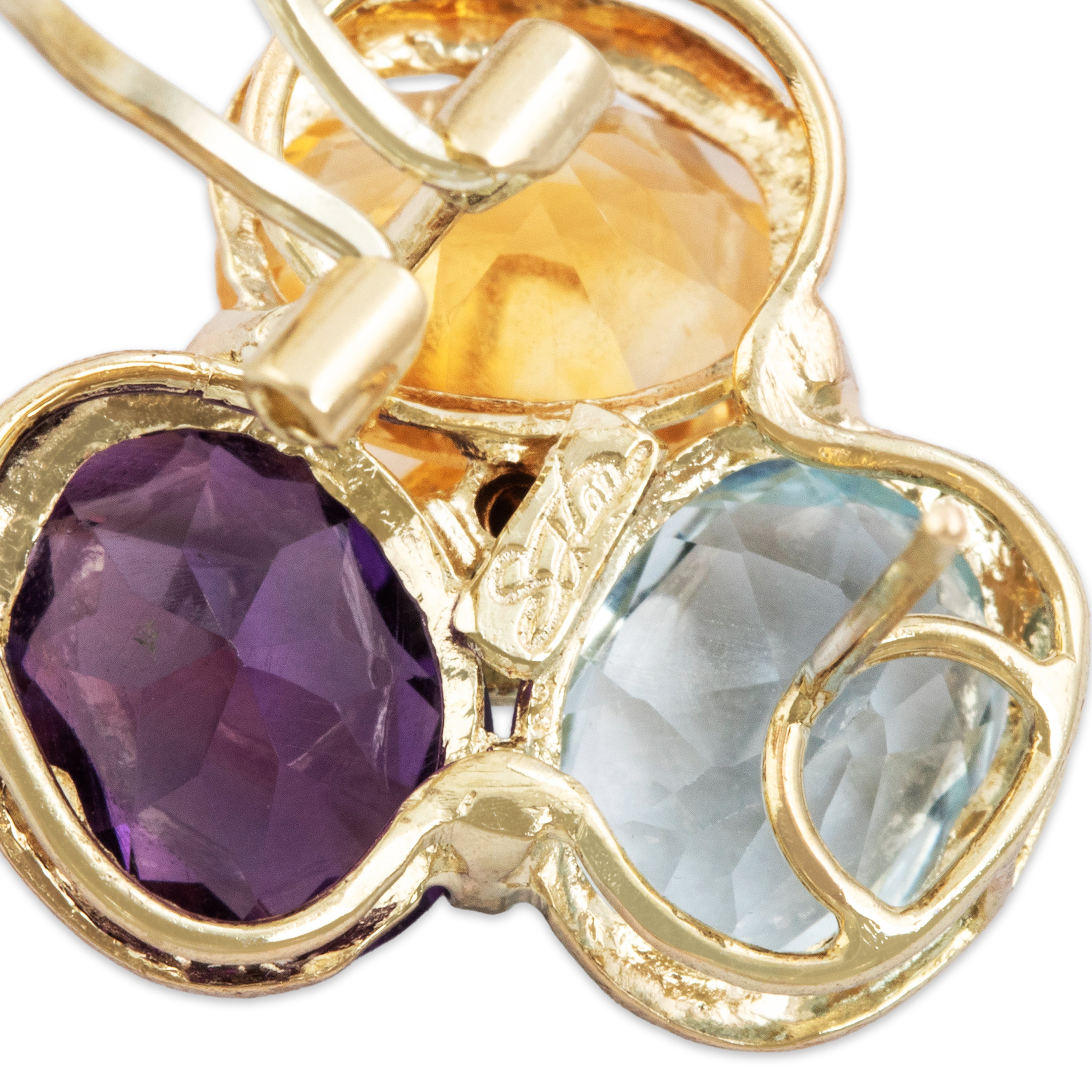 Vintage Large 14k Yellow Gold Topaz Citrine Amethyst Diamond Stud Earrings - Hallmark view