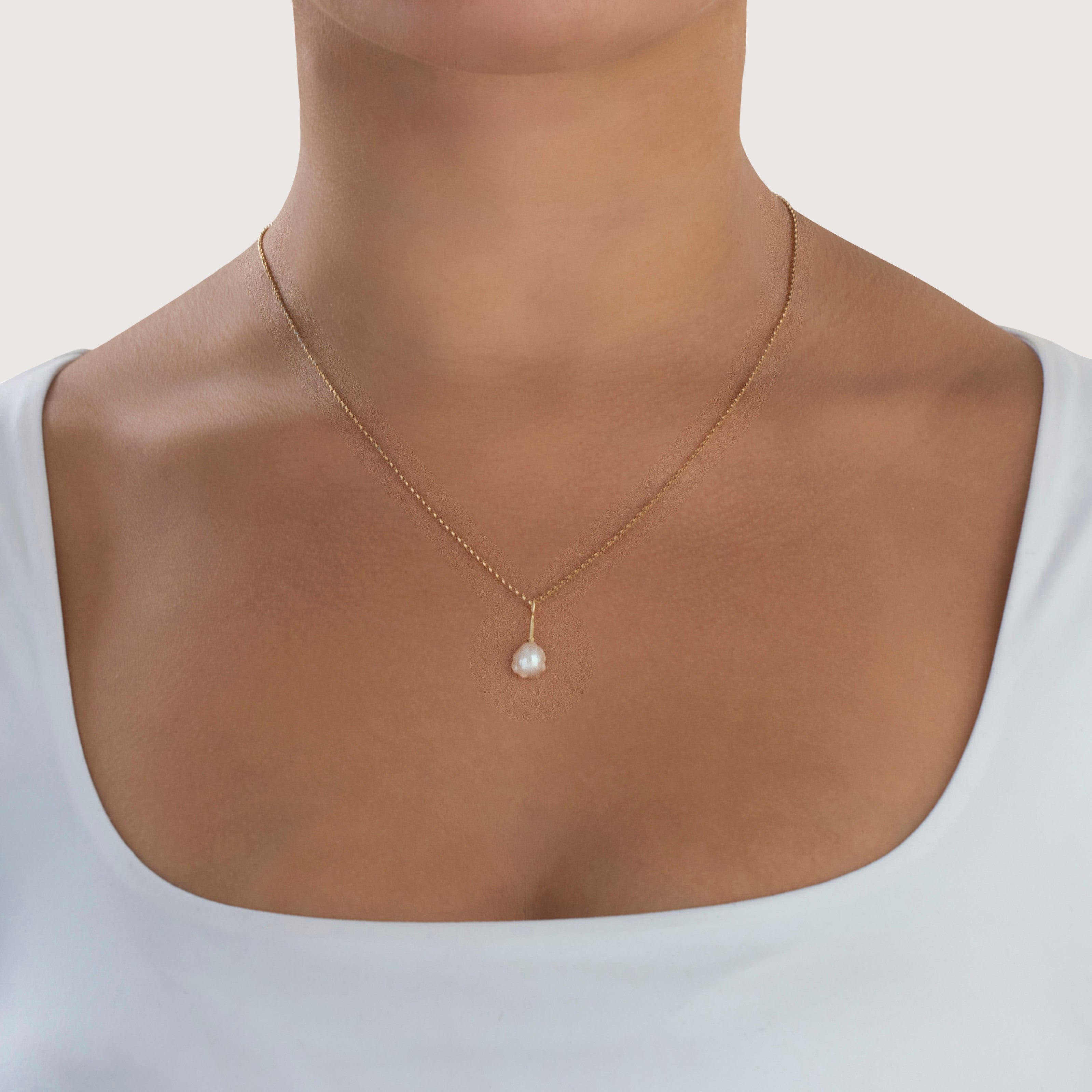 Vintage 14k Yellow Gold Pearl Lustrous Baroque Pendant - On model view