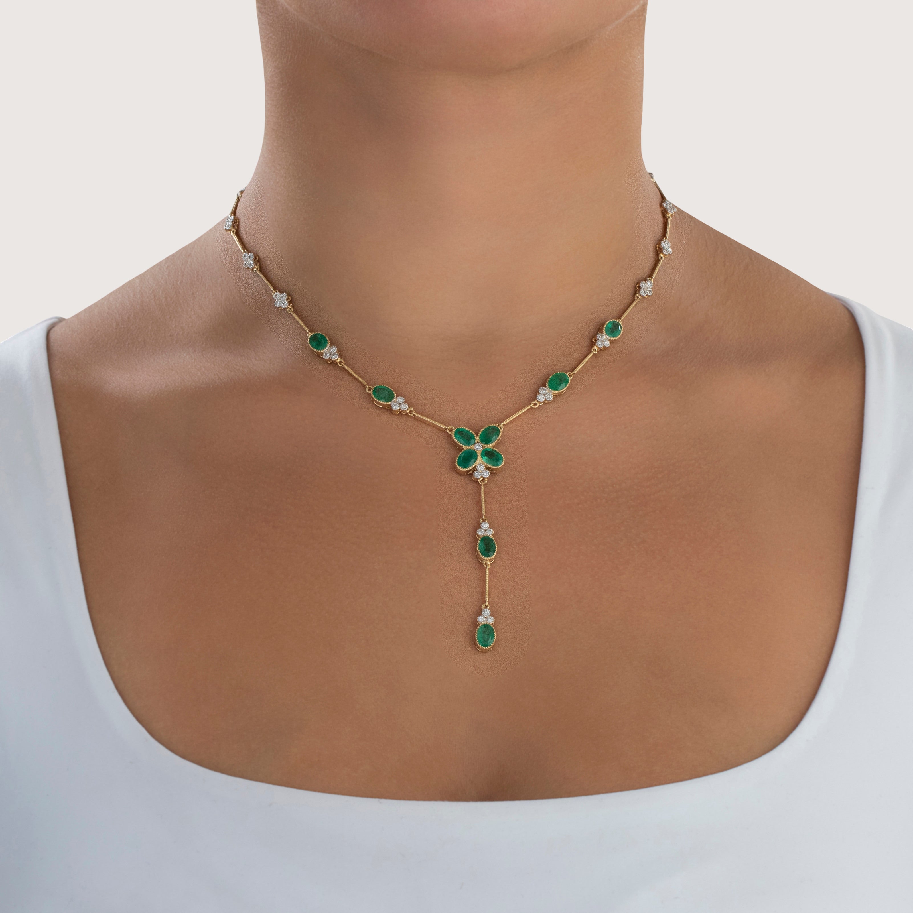 Vintage 14k Yellow Gold 5.6cttw Emerald 1.248cttw Diamond Chic Necklace - On model view