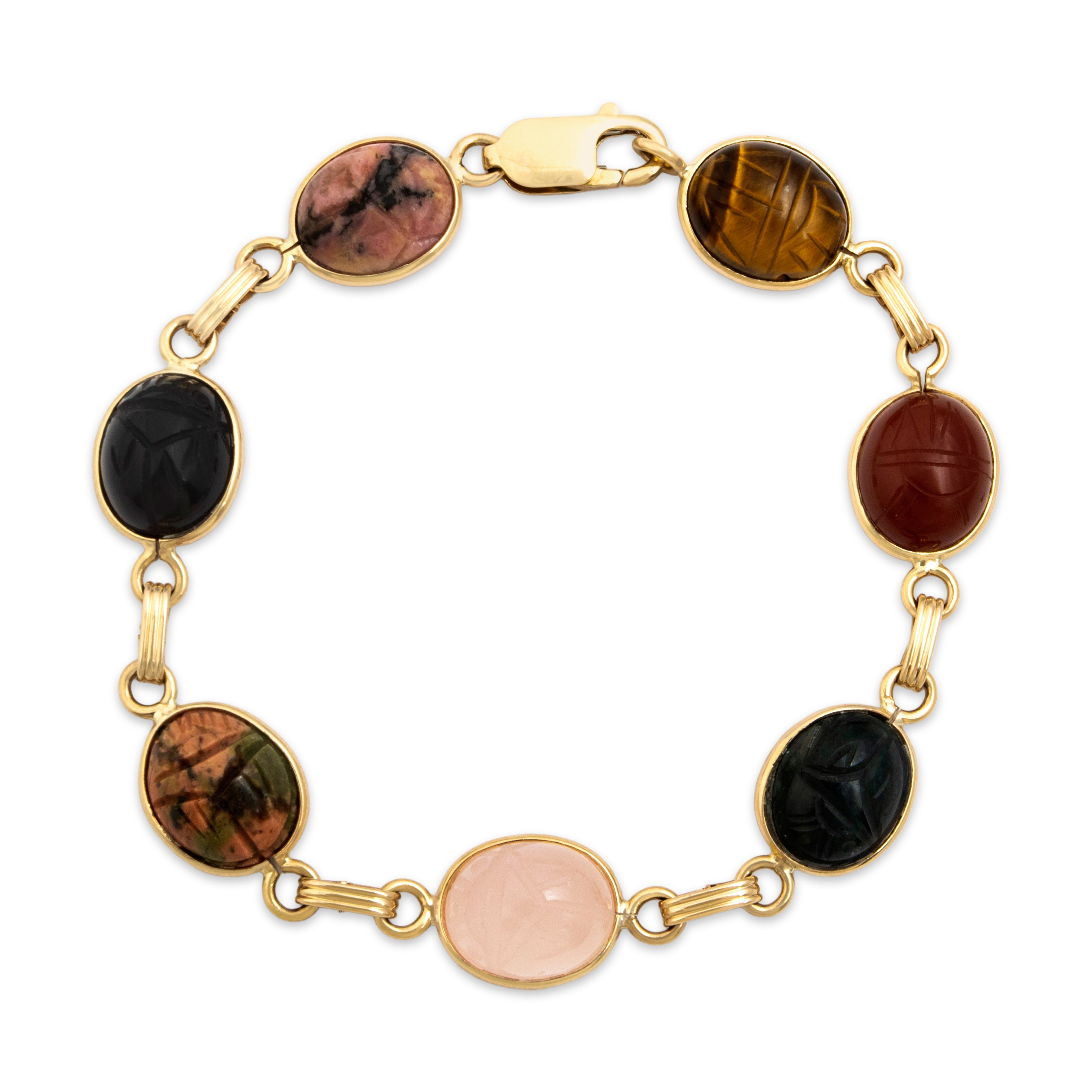 Vintage 14k Gold Multistone Egyptian Revival Scarab Bracelet 6.75