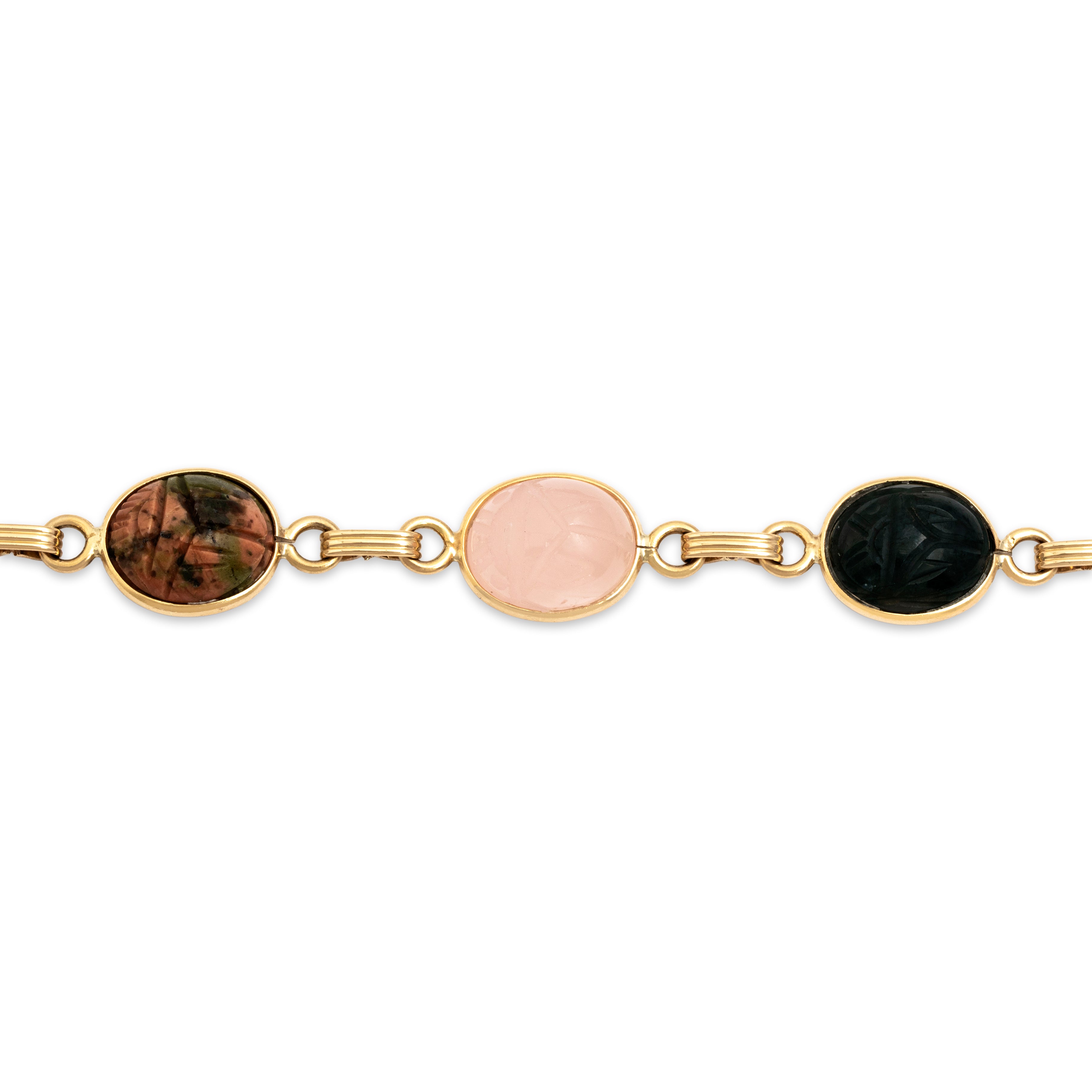 Vintage 14k Gold Tigers Eye Carnelian Egyptian Revival Scarab Bracelet - Close-up view