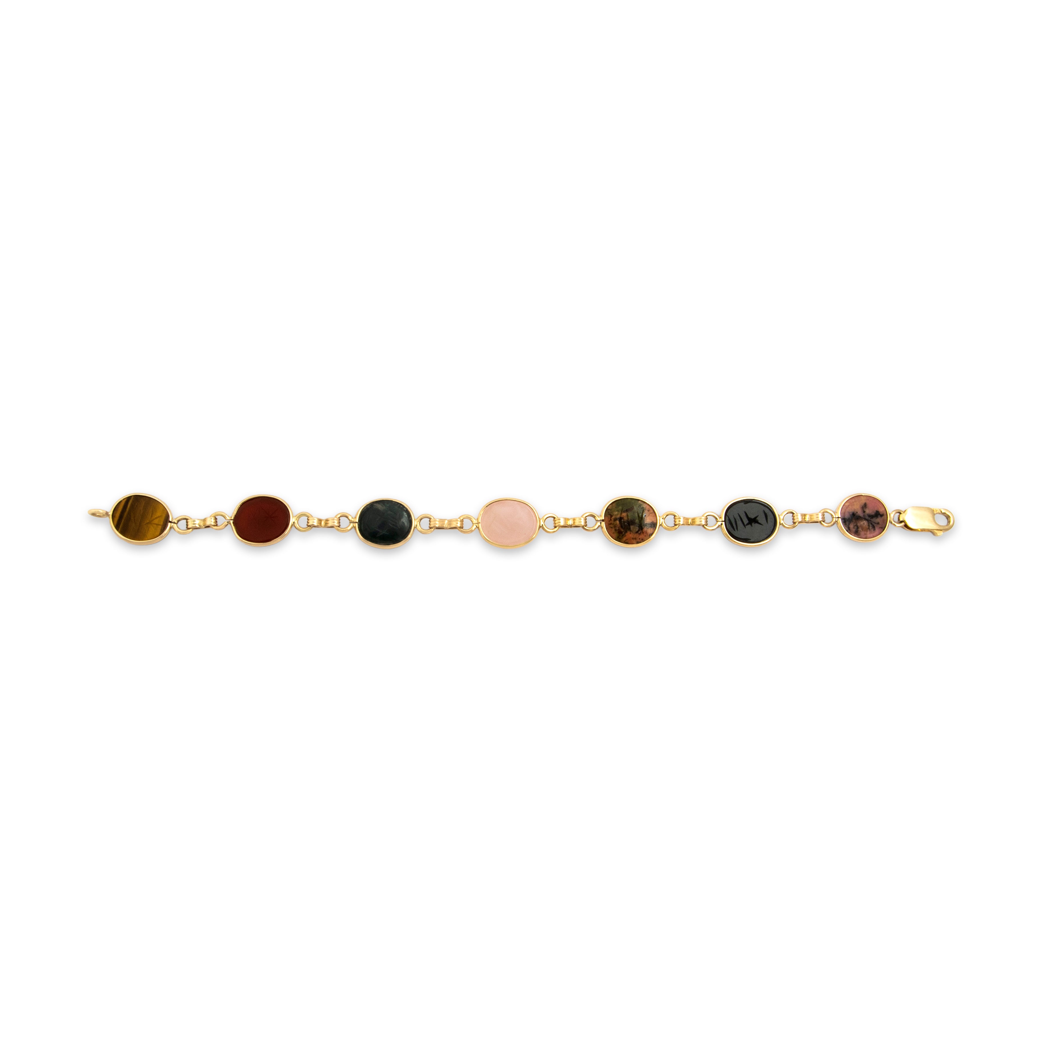 Vintage 14k Gold Tigers Eye Carnelian Egyptian Revival Scarab Bracelet - Overall view