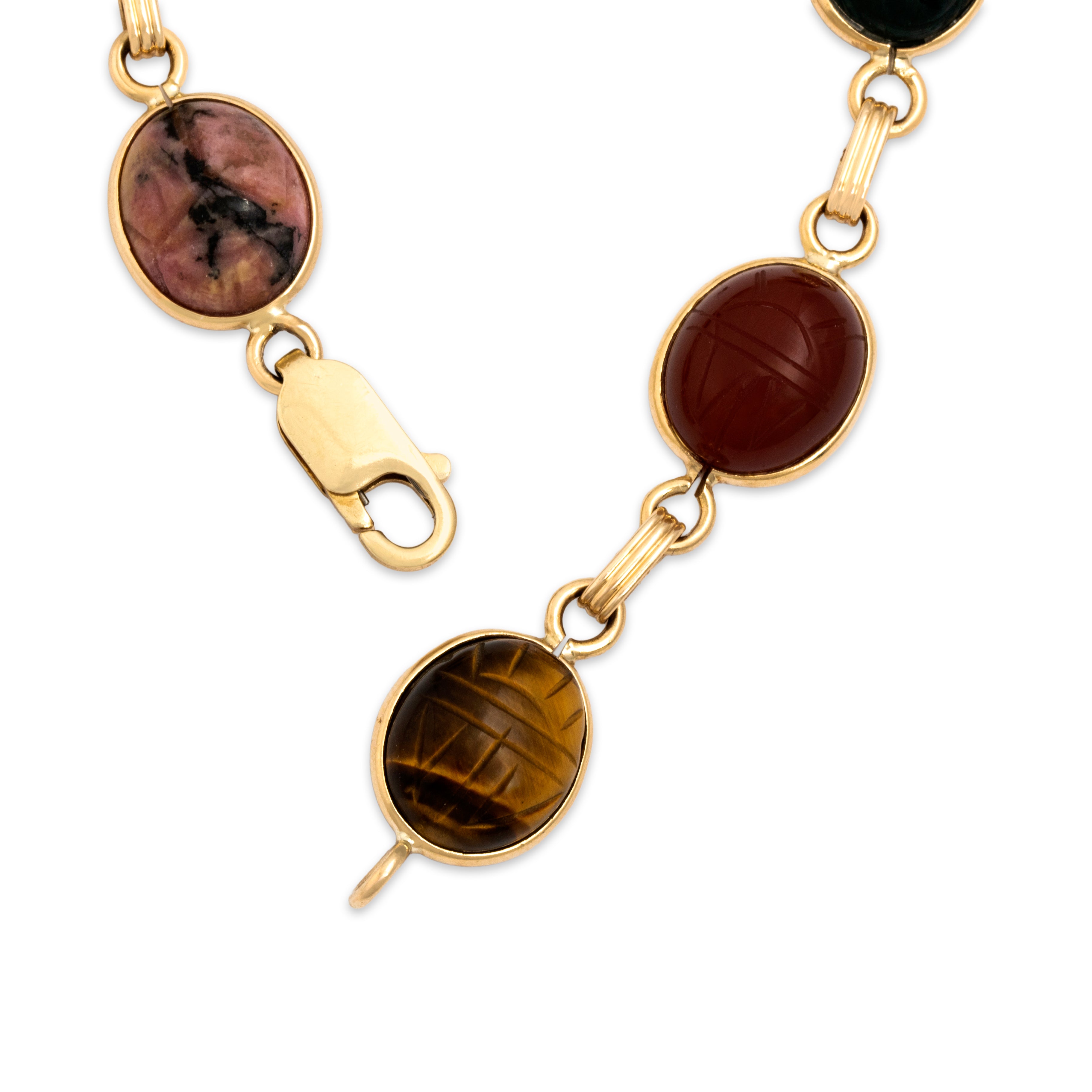 Vintage 14k Gold Tigers Eye Carnelian Egyptian Revival Scarab Bracelet - clasp view