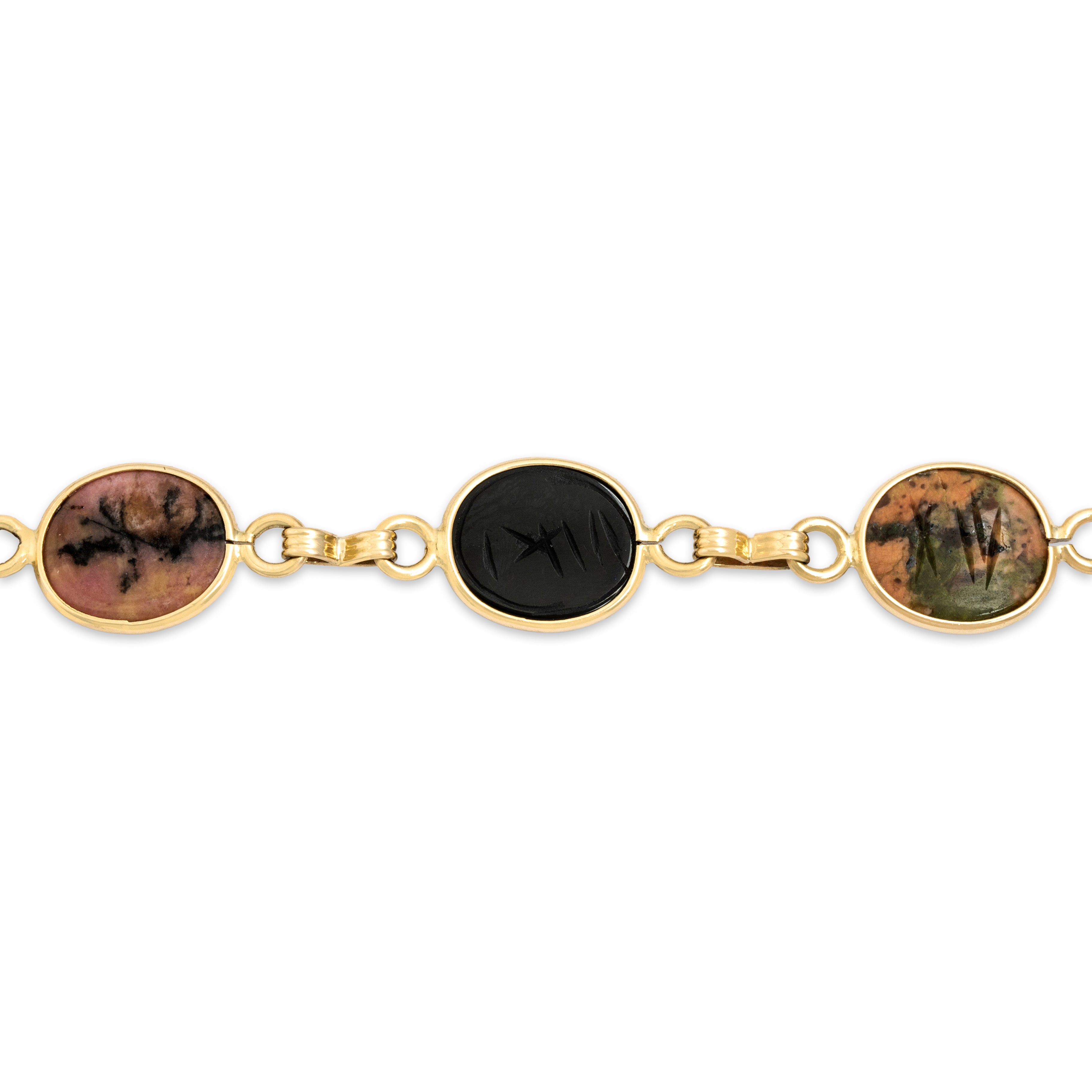 Vintage 14k Gold Tigers Eye Carnelian Egyptian Revival Scarab Bracelet - Back view