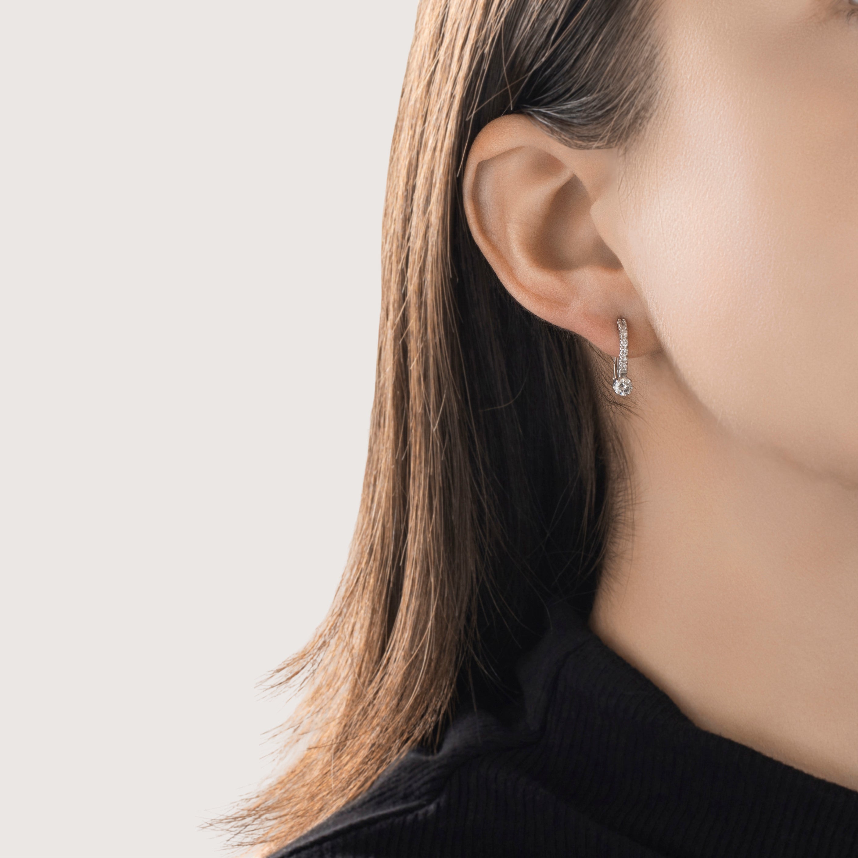 Vintage 14k White Gold .474cttw Diamond Sparkling Line Drop Huggie Earrings - On model view