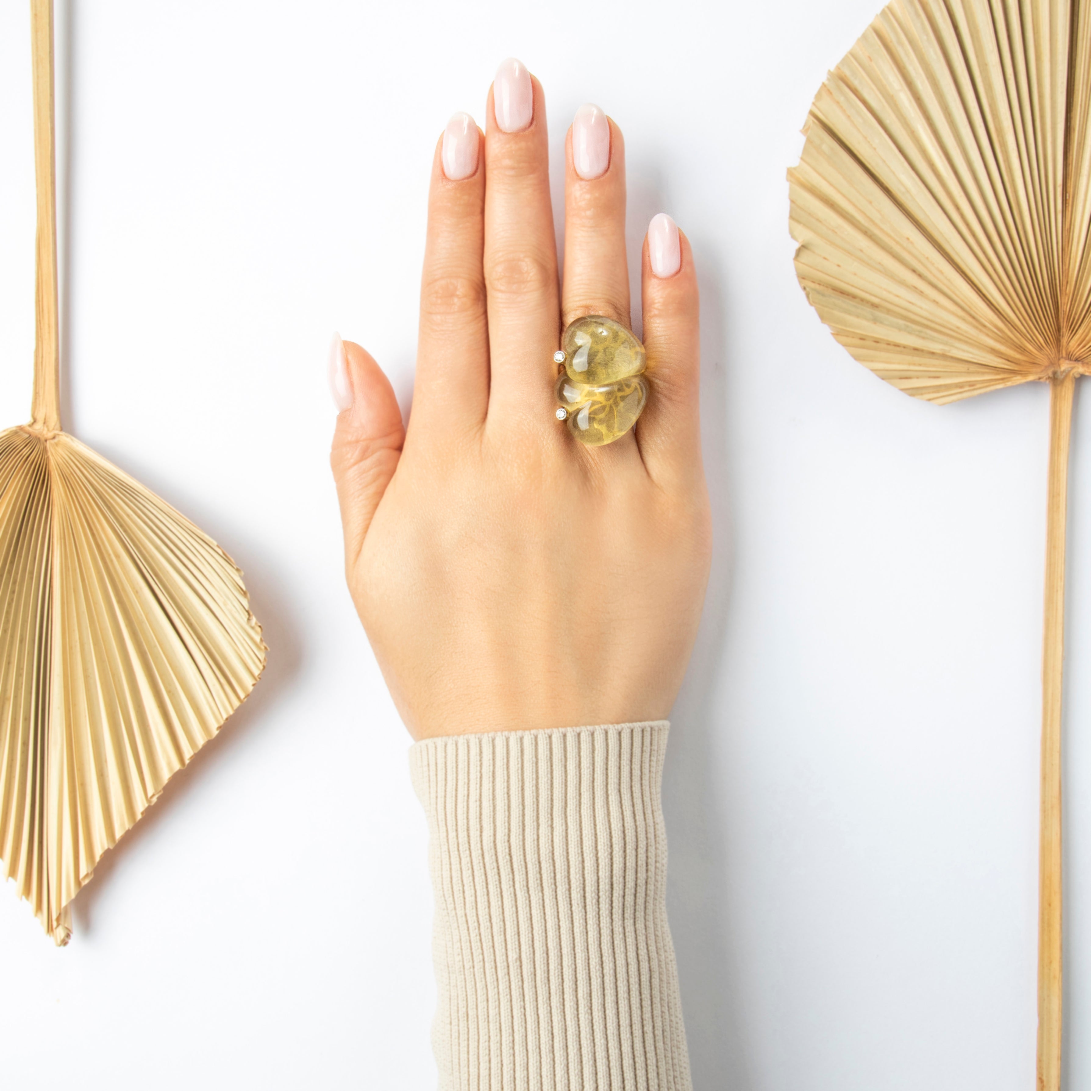 Vintage Heavy 18k Yellow Gold 70ct Citrine Diamond Oversized Unusual Heart Ring - On model view