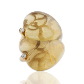 Vintage Heavy 18k Yellow Gold 70ct Citrine Diamond Oversized Unusual Heart Ring