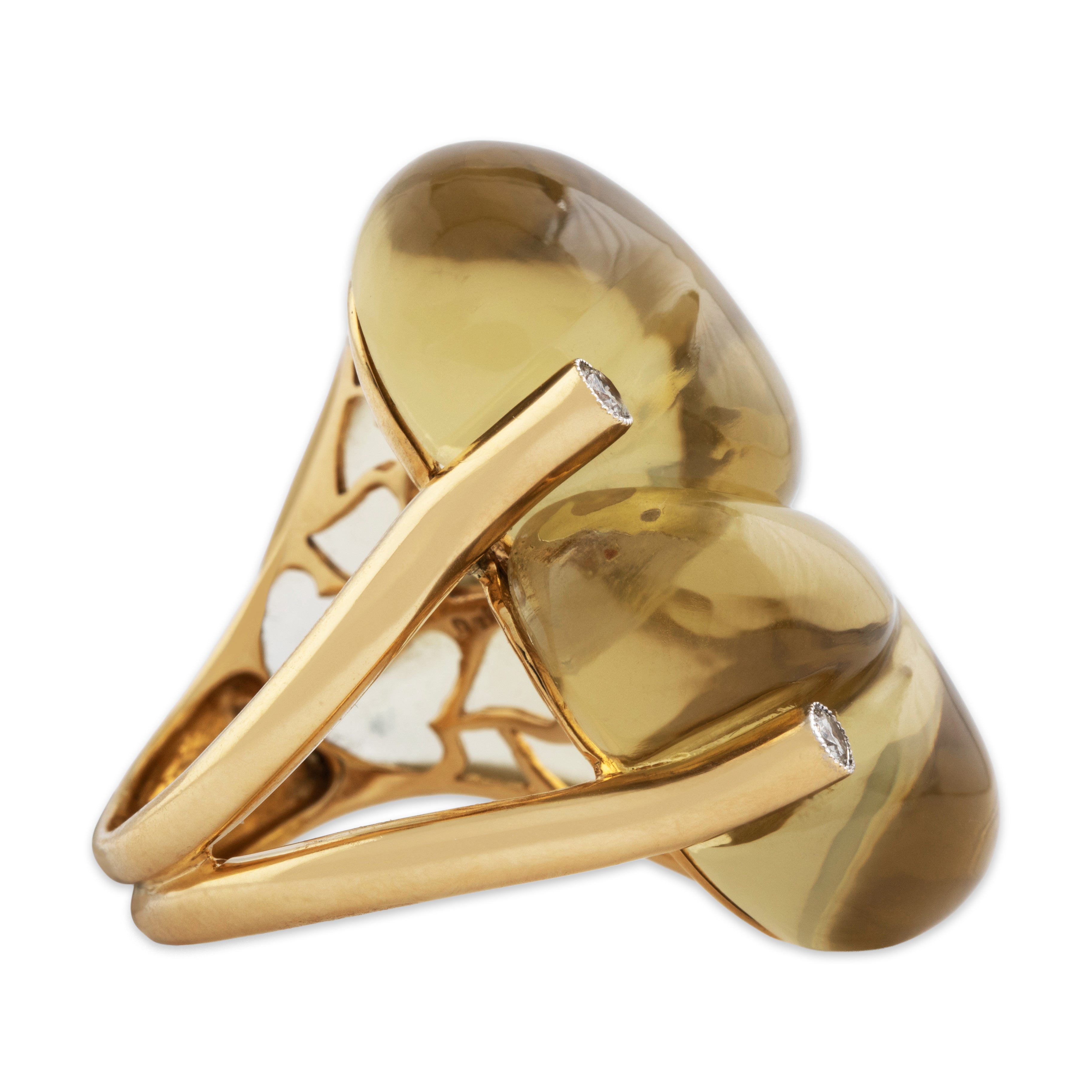 Vintage Heavy 18k Yellow Gold 70ct Citrine Diamond Oversized Unusual Heart Ring - Side view