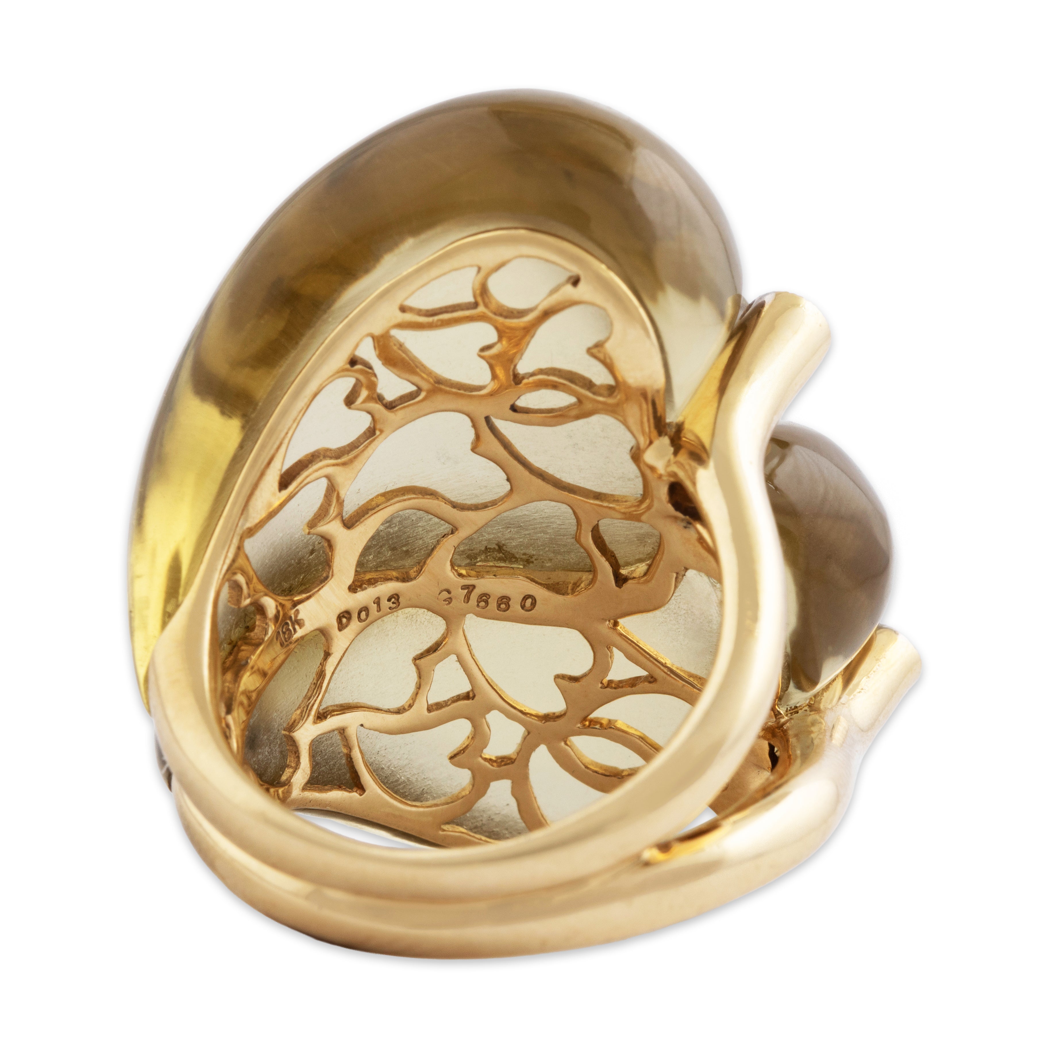 Vintage Heavy 18k Yellow Gold 70ct Citrine Diamond Oversized Unusual Heart Ring - Back view