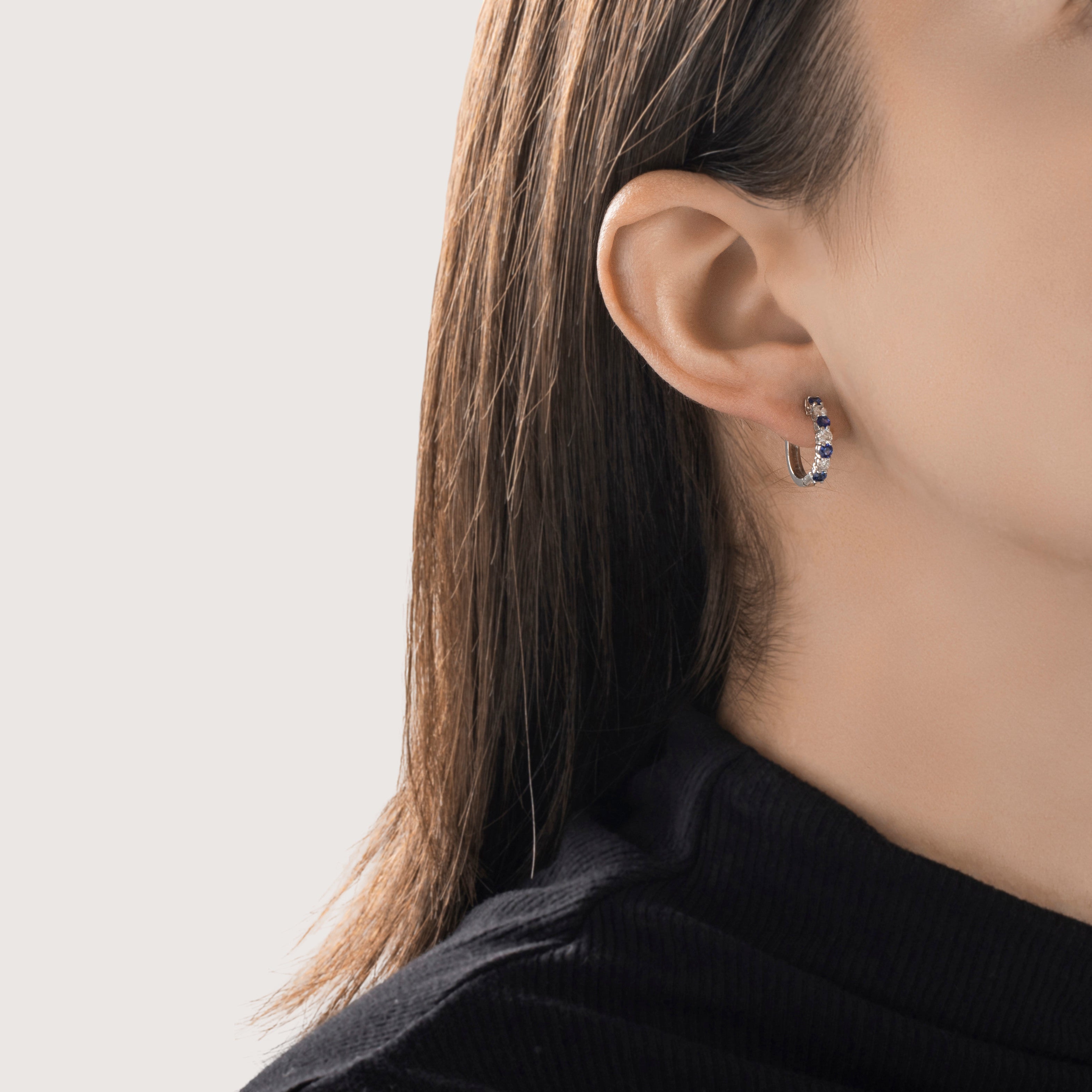 Vintage Small 14k White Gold Sapphire Diamond Bright Hoop Earrings - On model view