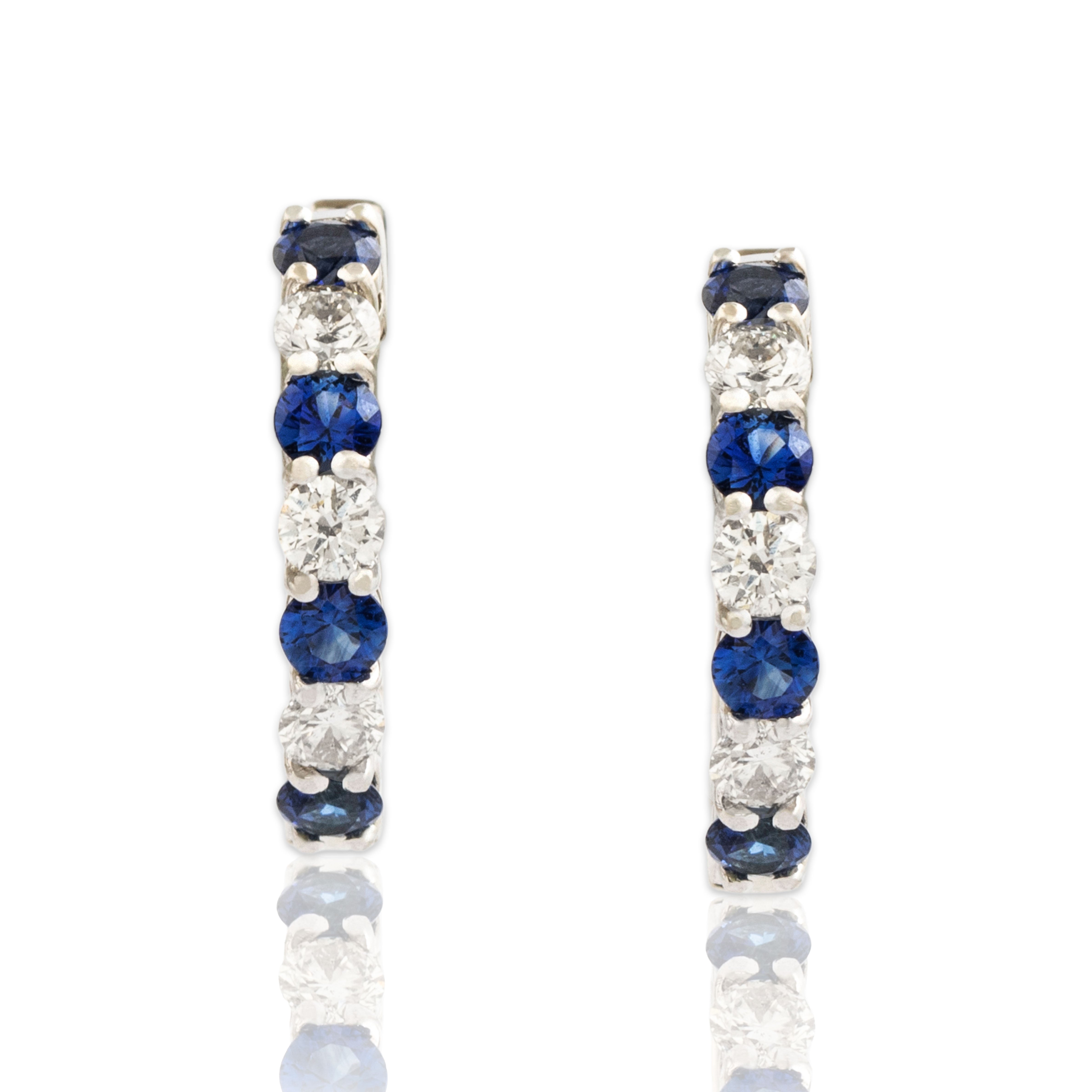 Vintage 14k White Gold Blue Sapphire Diamond Bright Sparkling Small Hoop Earrings