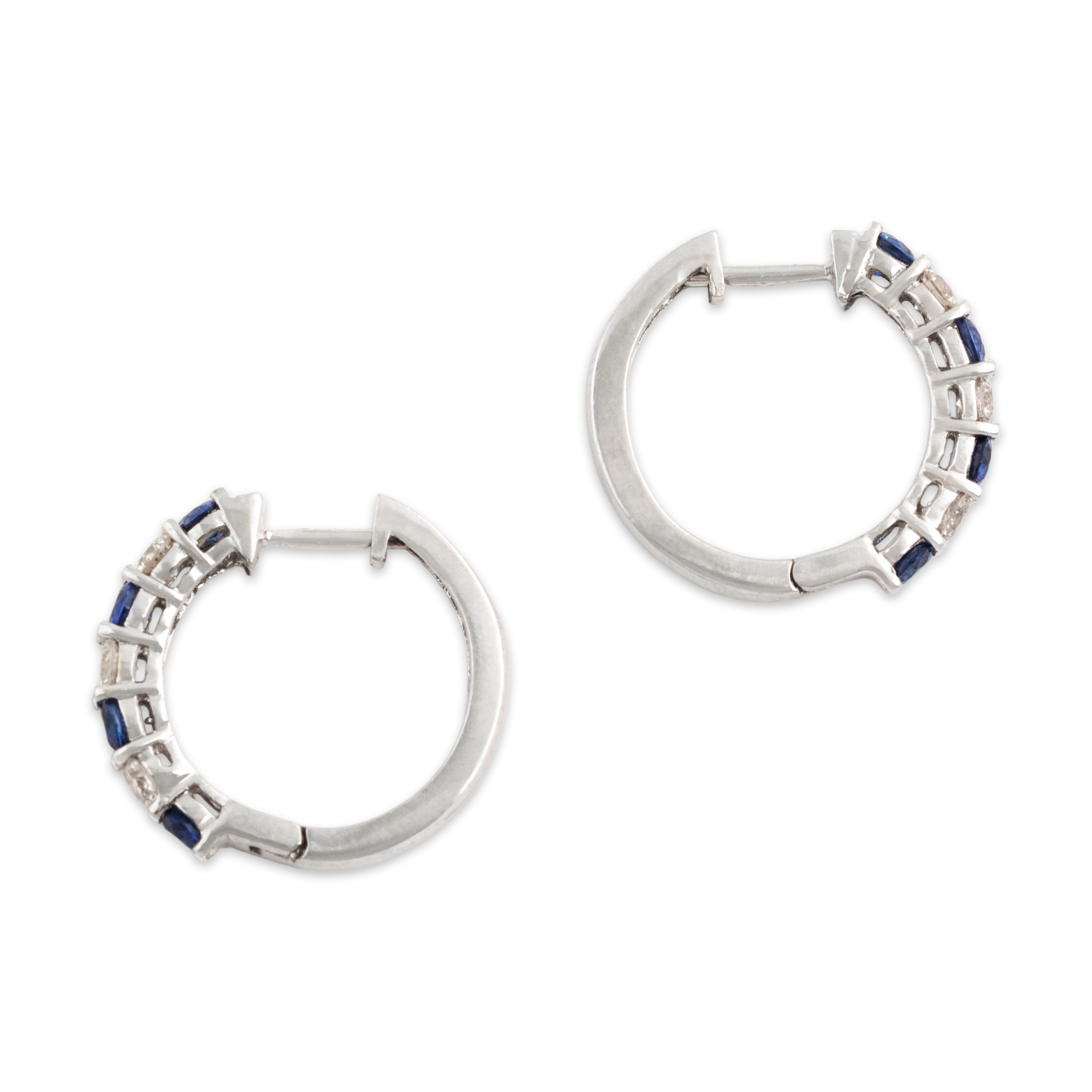 Vintage 14k White Gold Blue Sapphire Diamond Bright Sparkling Small Hoop Earrings