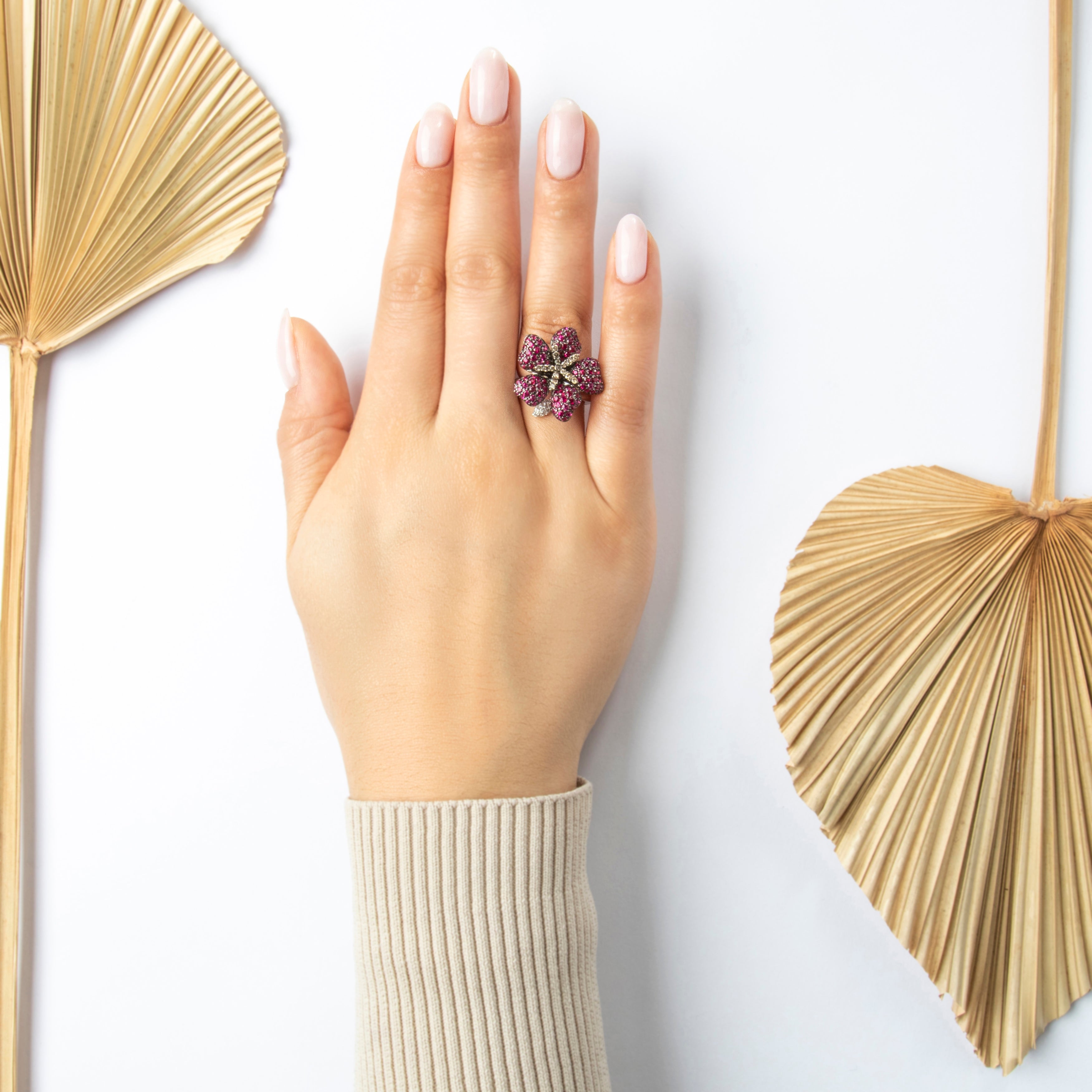 Vintage 18k White Gold Black Rhodium 1.6cttw Ruby Champagne & White Diamond Hibiscus Ring - On model view