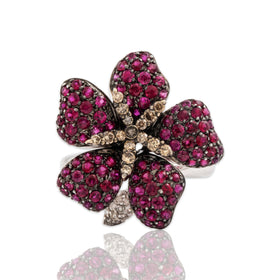 Vintage 18k White Gold Black Rhodium Ruby Champagne & White Diamond Hibiscus Ring