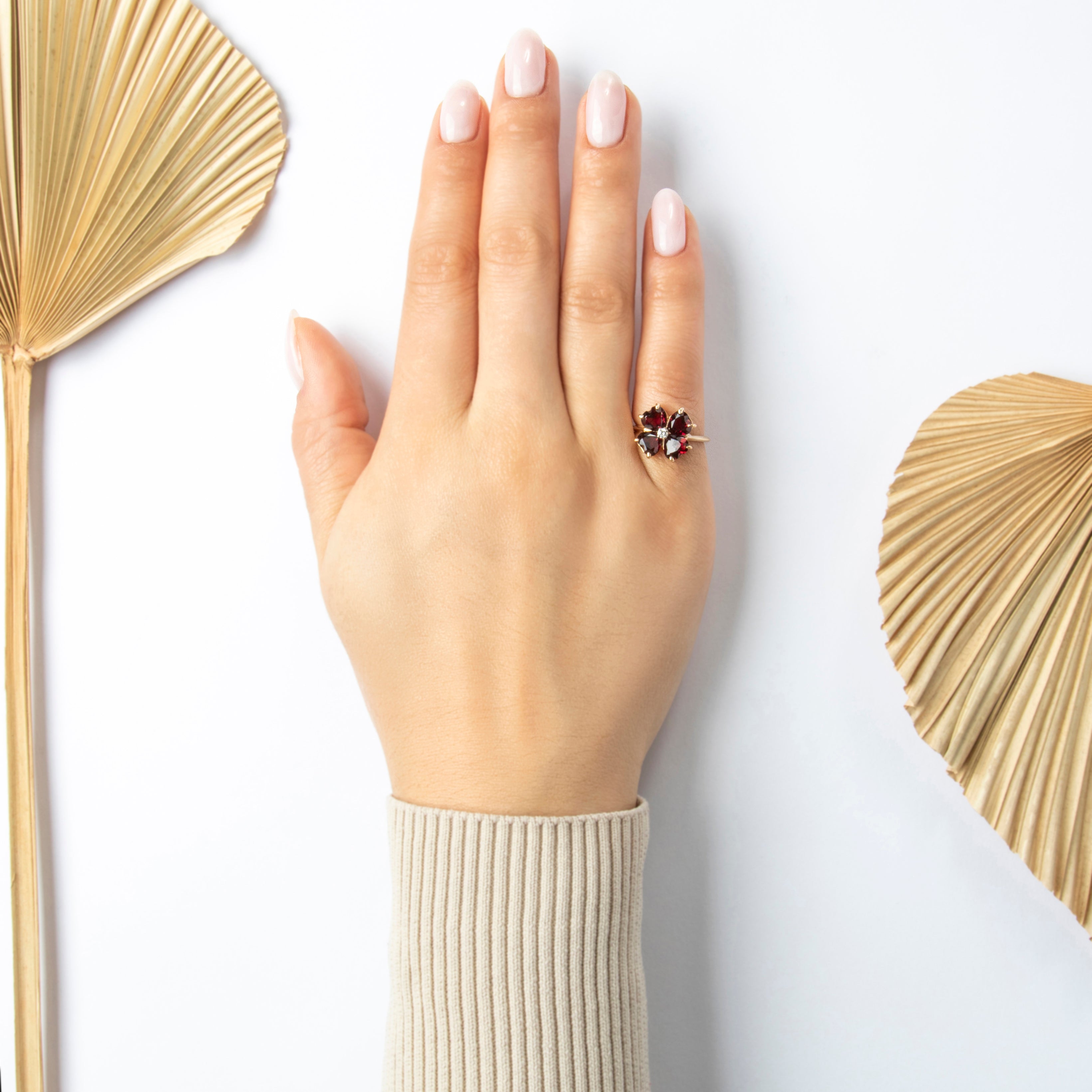 Vintage 14k Yellow Gold 2.3cttw Garnet Diamond Lovely Clover Ring - On model view