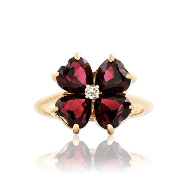 Vintage 14k Yellow Gold 2.3cttw Garnet Diamond Lovely Clover Ring 6.00